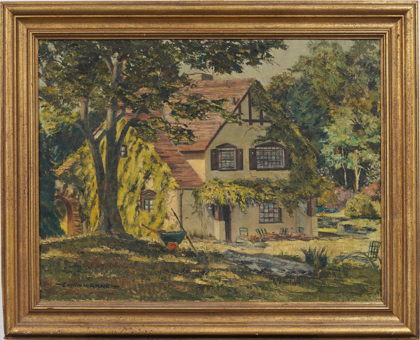 Country Cottage Exterior Vintage American Original Oil Painting Signed "Edwin W. Kane" (1 of 8)
