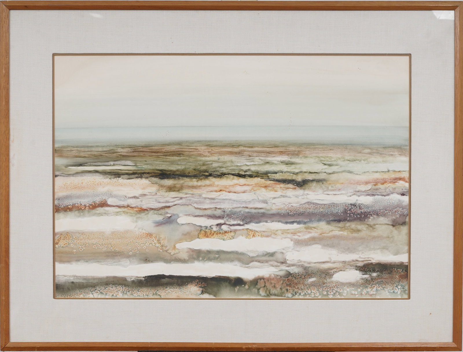 Abstract Placid Seascape Vintage American Original Watercolor Signed "Joanne Miler Rafferty": Signed, framed vintage American watercolor. Measuring: 32 by 41 inches overall, and 21.5 by 31.5 painting alone. Please see all images for condition. Size is measured and written on the back of the pa