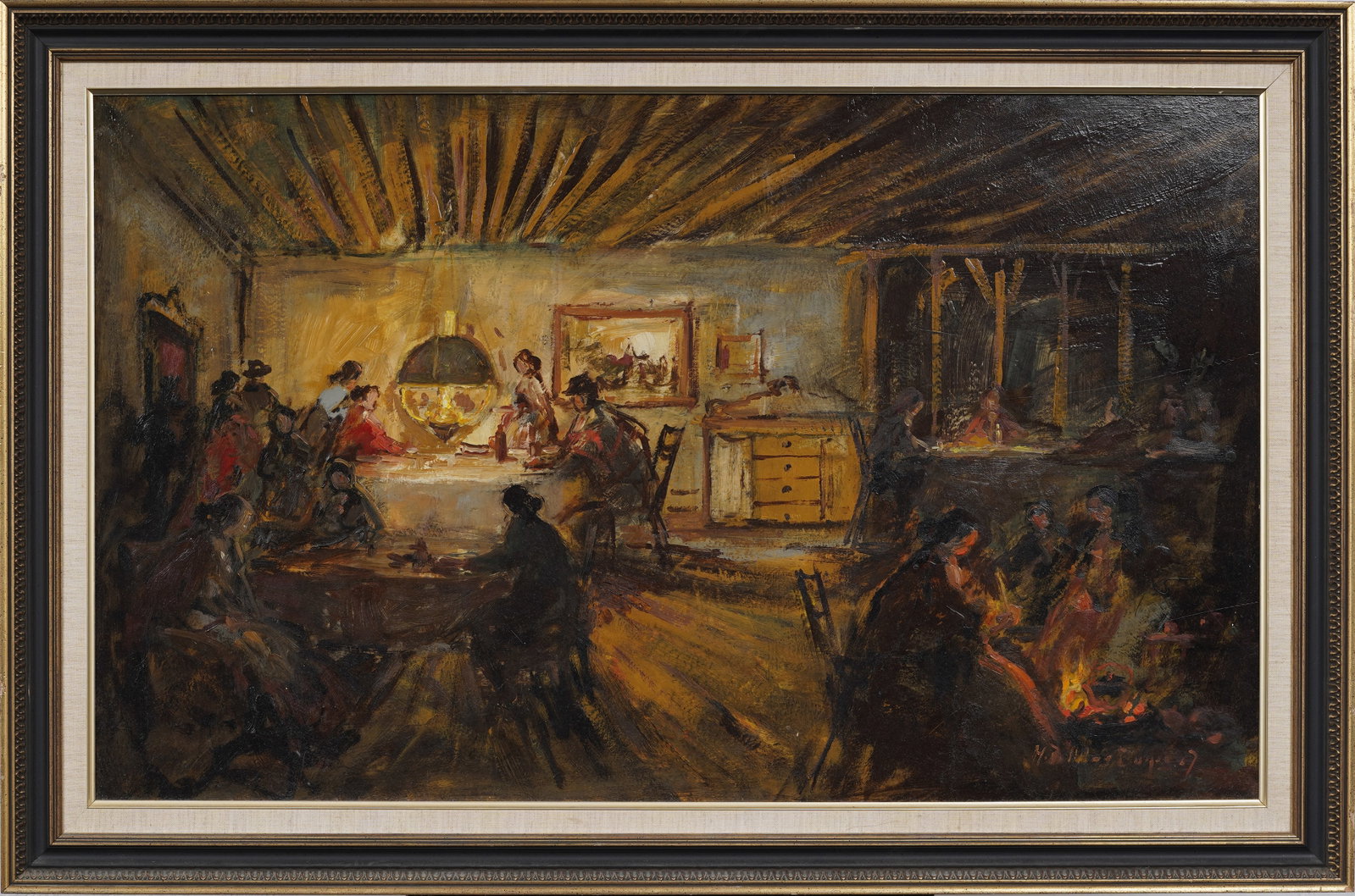 Large Vintage European Impressionist Restaurant Tavern Nocturnal Original Oil Painting: Framed vintage European oil painting on canvas. Measuring: 30 by 45 inches overall, and 23.75 by 38.5 painting alone. Please see all images for condition. Size is measured and written on the back of t