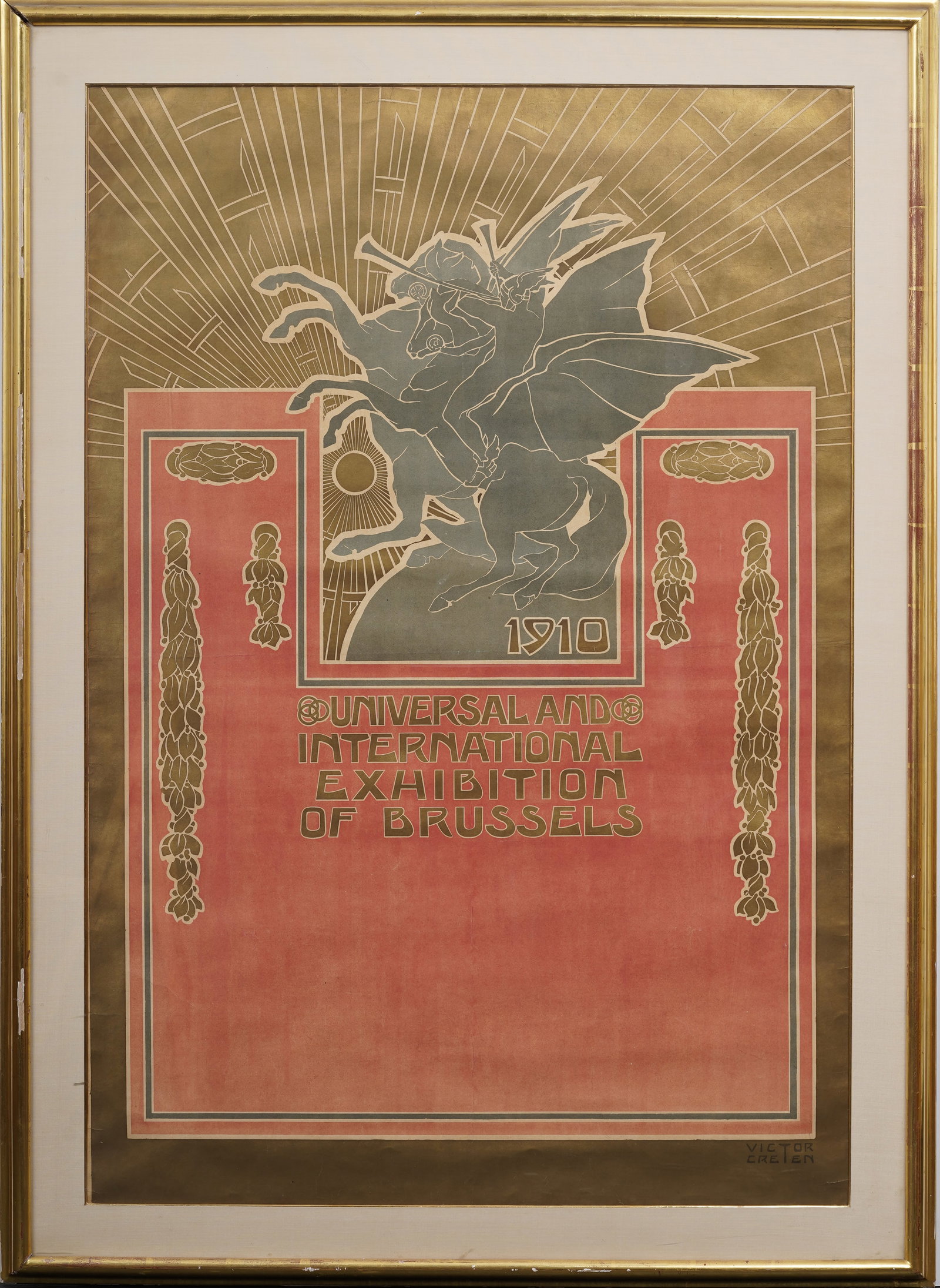 Beautiful Antique American Art Nouveau International Exhibition of Brussels 1910 Stone Lithograph: Framed antique American stone lithograph on paper. Measuring: 50 by 37 inches overall, and 43.5 by 30 painting alone. Please see all images for condition. Size is measured and written on the back of t