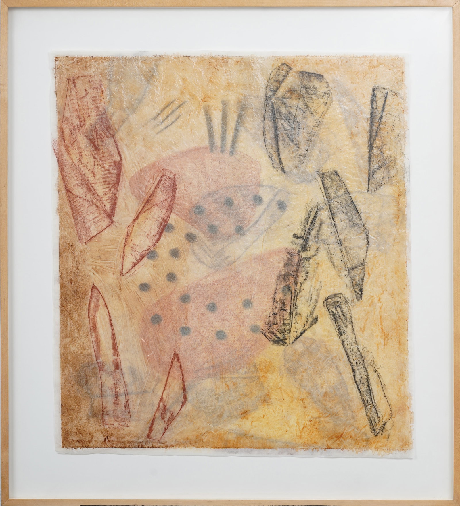 Vintage American Abstract Expressionist Mixed Media Vellum and Ink over Oil Crayon: Framed vintage American mixed media. Measuring: 34 by 31 inches overall, and 27 by 23.5 painting alone. Please see all images for condition. Size is measured and written on the back of the painting or