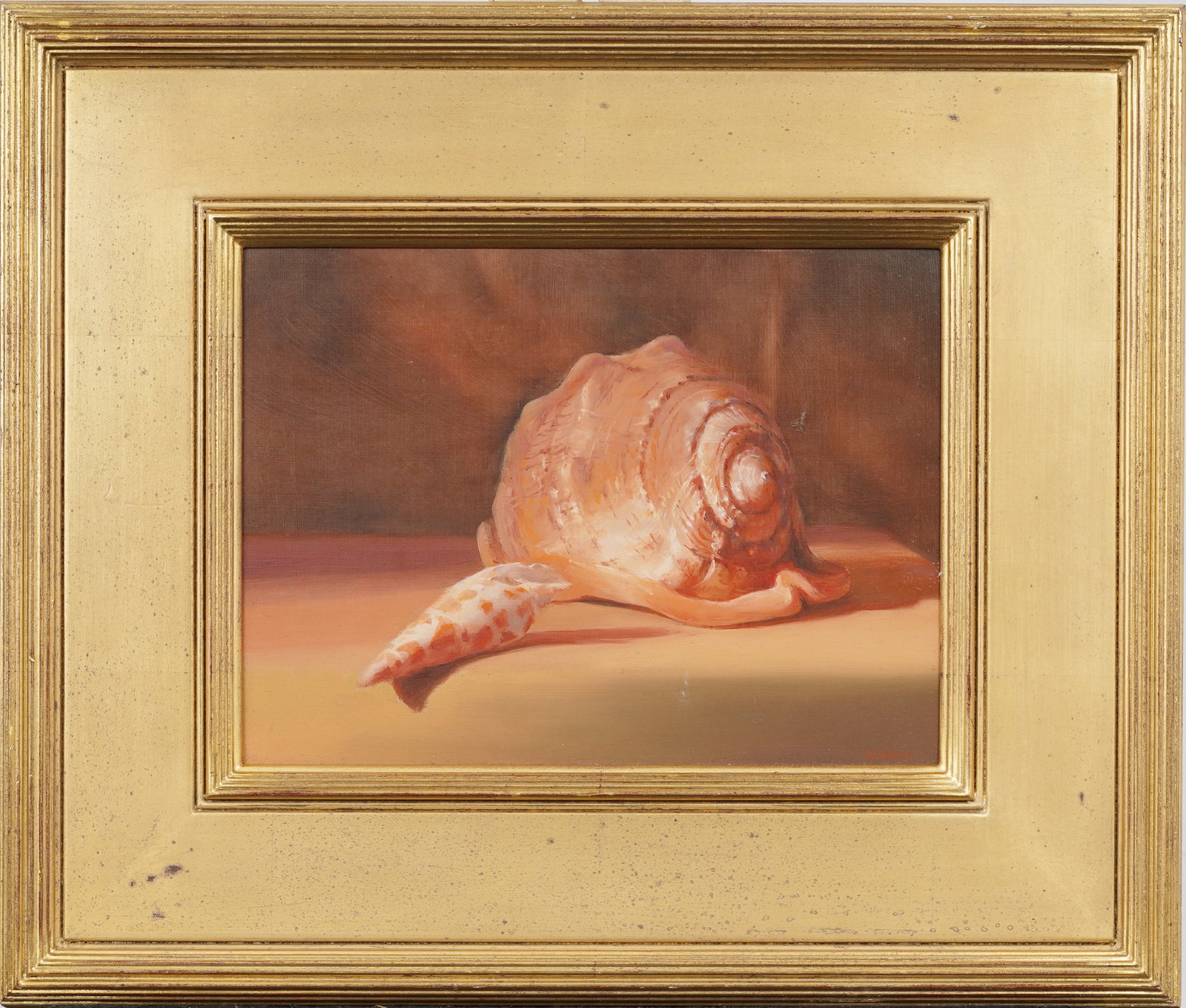 Vintage American Soft Light Still Life Pink Seashells Original Oil Painting Signed "Arnold": Signed, framed vintage American oil painting on canvas. Measuring: 16.5 by 19.5 inches overall, and 9 by 12 painting alone. Please see all images for condition. Size is measured and written on the bac