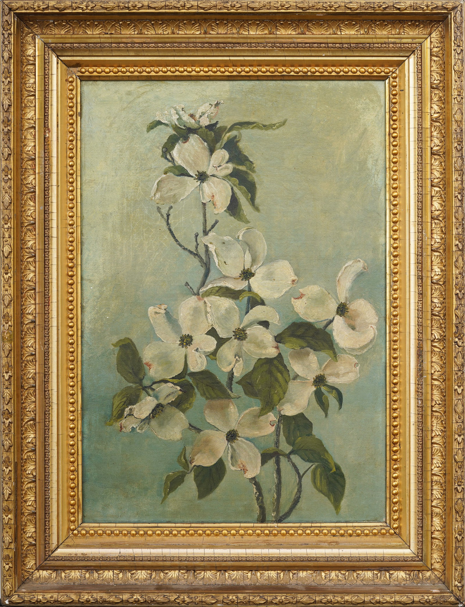Antique European Dogwood Blossom Flower Portrait Original Oil Painting: Framed antique European oil painting on canvas. Measuring: 21 by 16 inches overall, and 16 by 11 painting alone. Please see all images for condition. Size is measured and written on the back of the pa