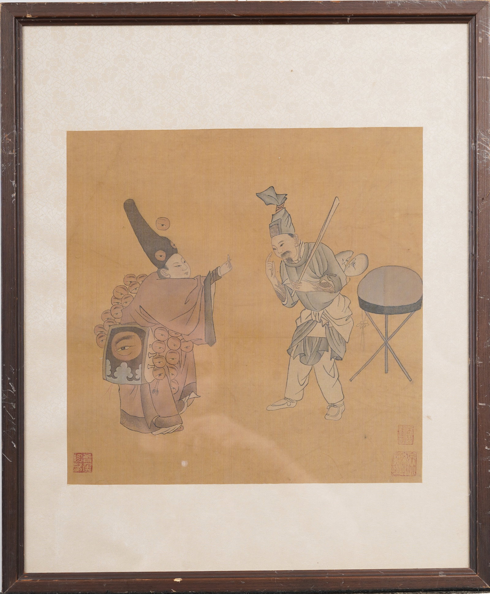 Vintage Chinese Song Dynasty "Selling Eye Medicine" Original Ink Painting: Framed vintage Chinese ink on canvas with artist's stamp. Measuring: 20 by 16 inches overall, and 11.75 by 11.75 painting alone. Please see all images for condition. Size is measured and written on th