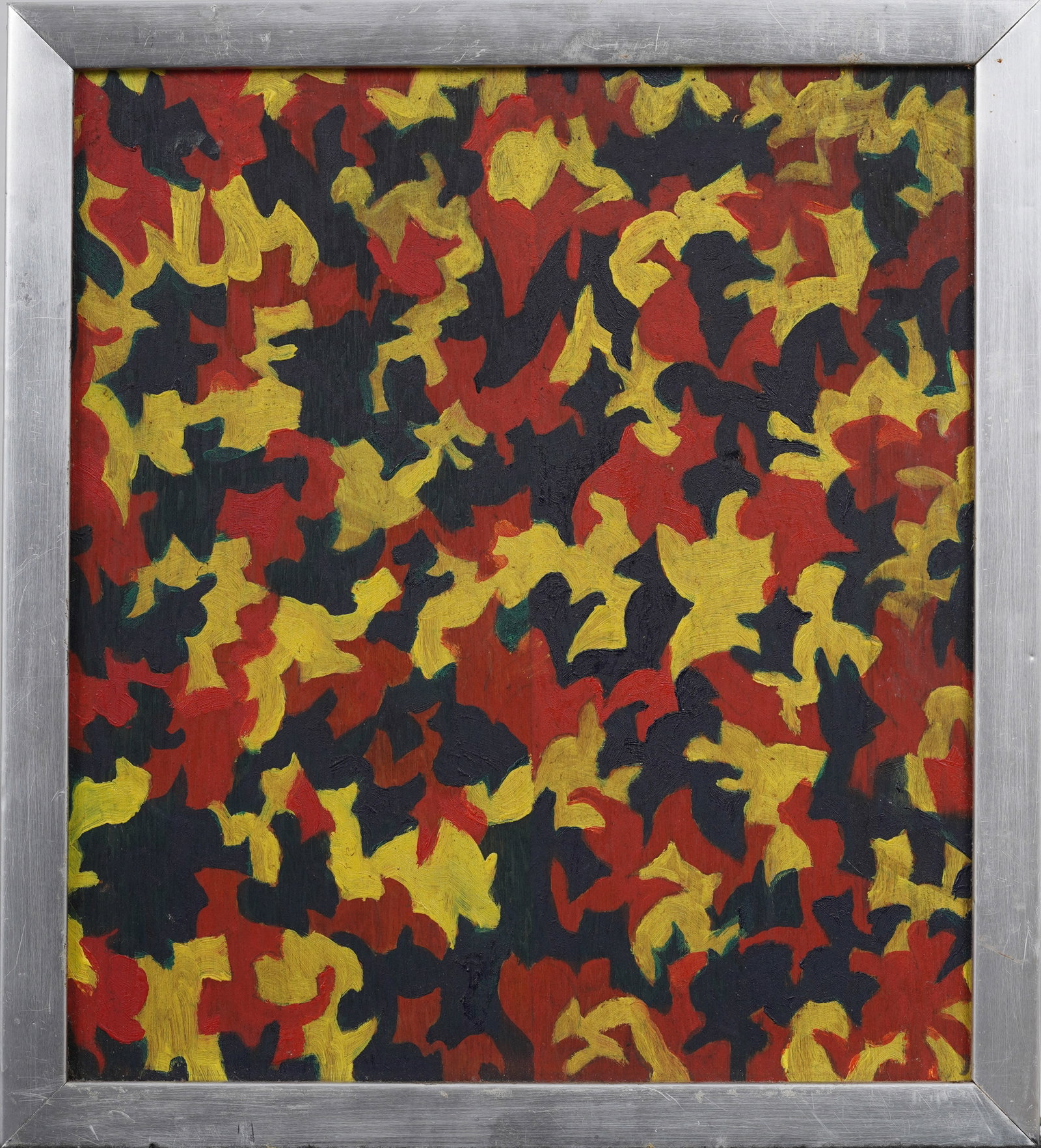 Vintage American Original Abstract Expressionist Framed Tessellation Oil Painting: Framed, signed verso vintage American oil painting on wood panel. Measuring: 14 by 13 inches overall, and 12.5 by 11 painting alone. Please see all images for condition. Size is measured and written o
