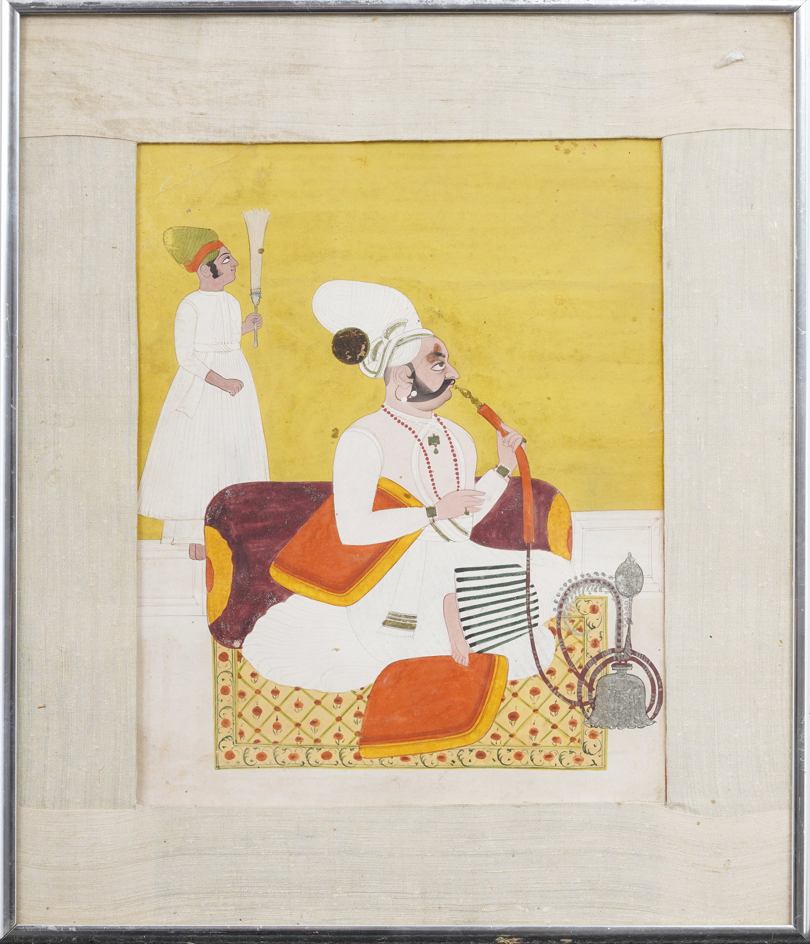 Vintage Indian Mughal Prince Smoking Hookah Original Oil Painting on Wood Panel: Framed vintage Indian oil painting on wood panel. Measuring: 14 by 12 inches overall, and 9.75 by 7.75 painting alone. Please see all images for condition. Size is measured and written on the back of 