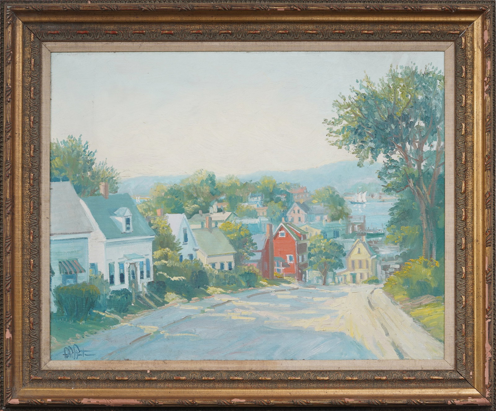John Nesta (1945-2017) Vintage 1990 American Harbor Town Landscape Original Oil Painting: Signed, framed vintage American oil painting on canvas. Measuring: 29 by 35 inches overall, and 22 by 28 painting alone. Please see all images for condition. Size is measured and written on the back o