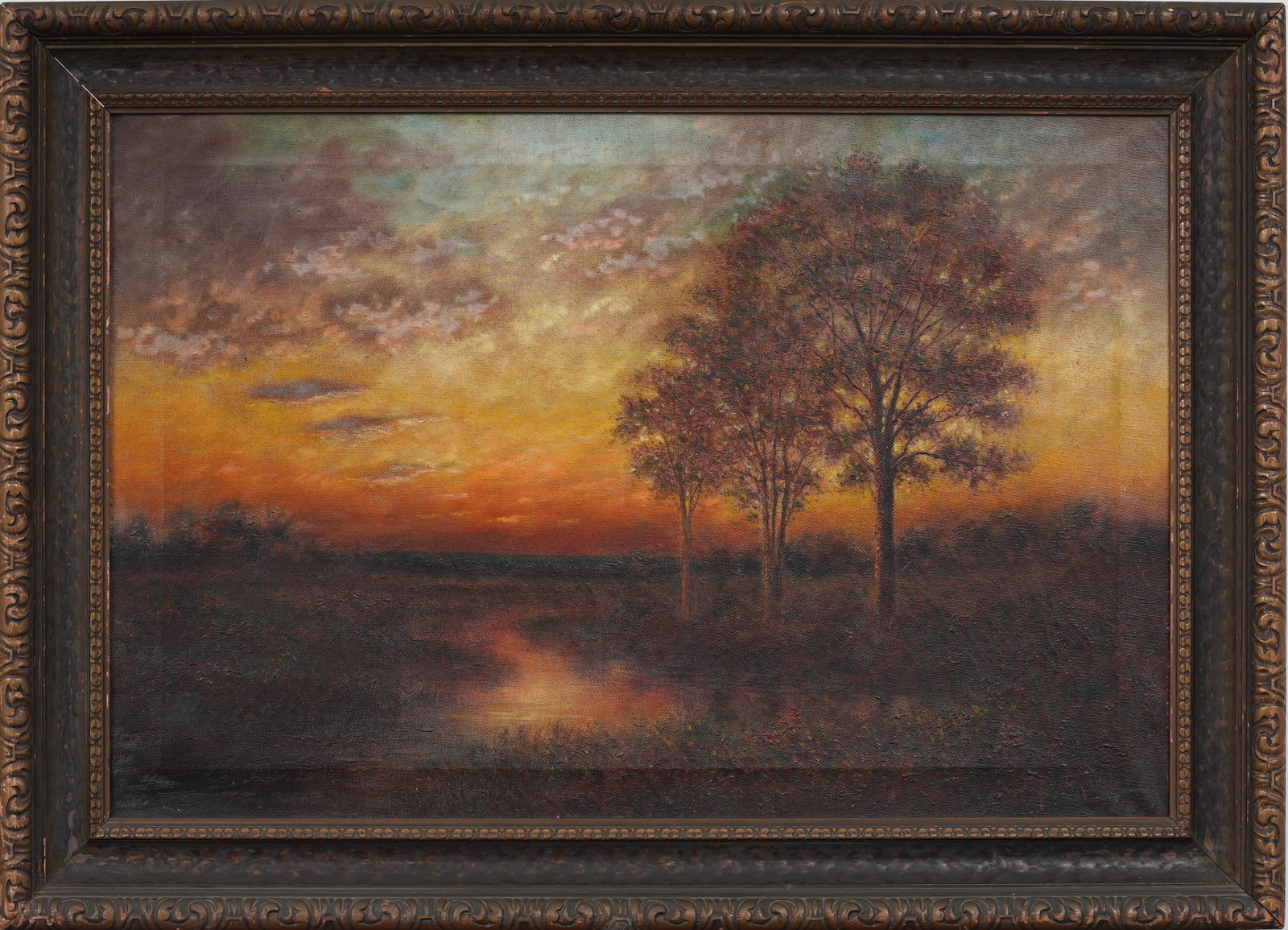 Edward Pritchard (1864-1930s) Antique 1918 American Pastoral Sunset Landscape Original Oil Painting: Signed, framed antique sunset oil painting on canvas. Measuring: 26 by 36 inches overall, and 20 by 30 painting alone. Please see all images for condition. Size is measured and written on the back of 