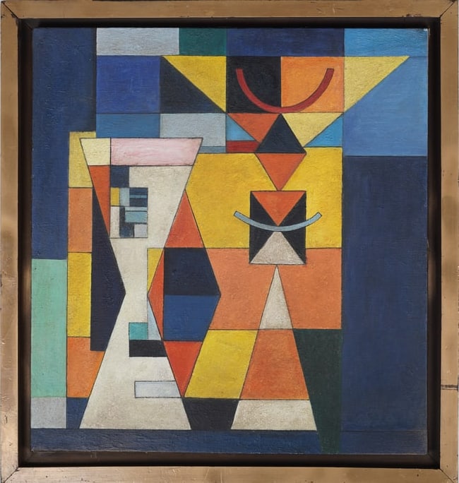Midcentury American Geometric Abstract Original Oil Painting: Framed vintage American oil painting on canvas. Measuring: 31 by 29 inches overall, and 27 by 25.5 painting alone. Please see all images for condition. Size is measured and written on the back of the 