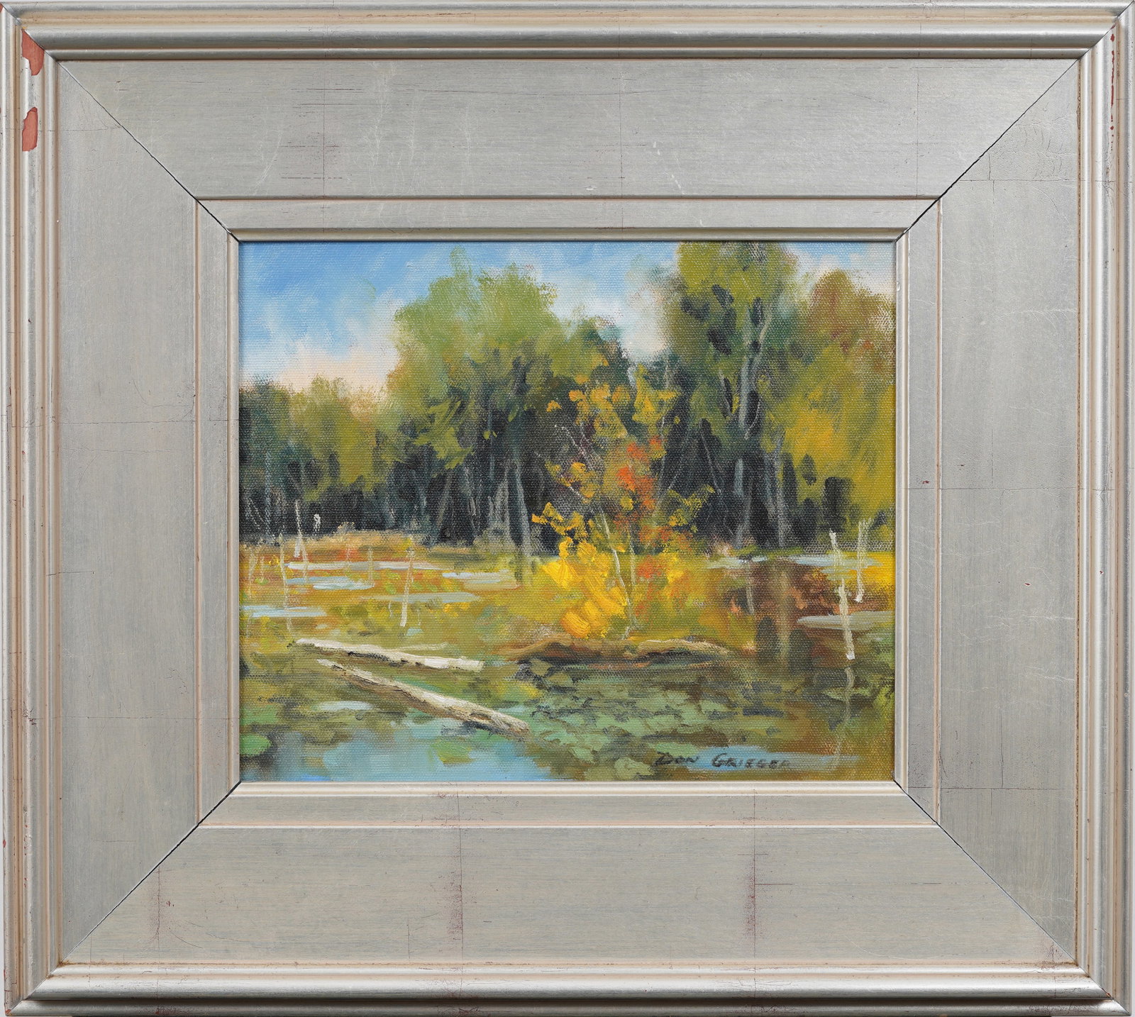 Don Grieger (1934-2023) Vintage 2005 Massachssetts Wetlands Landscape Original Oil Painting: Signed, framed vintage American oil painting on board with exhibition labels. Measuring: 18 by 20 inches overall, and 10 by 12 painting alone. Please see all images for condition. Size is measured and