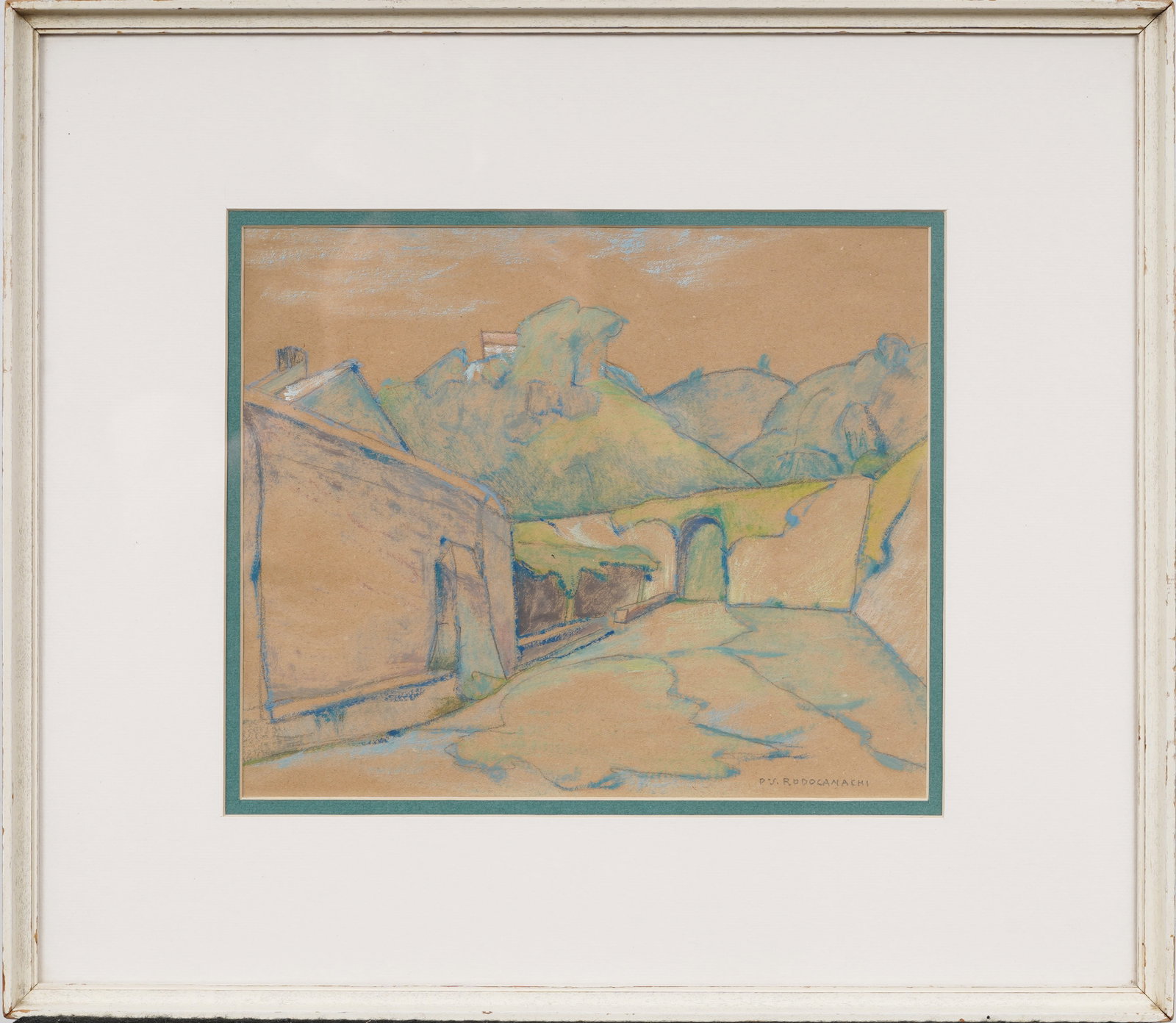 Paolo Rodocanachi ( 1891-1955) Vintage Original Gestural Town Landscape Italian Painting: Signed, framed vintage Italian mixed media painting on paper. Measuring: 16 by 18 inches overall, and 9.5 by 11 painting alone. Please see all images for condition. Size is measured and written on the