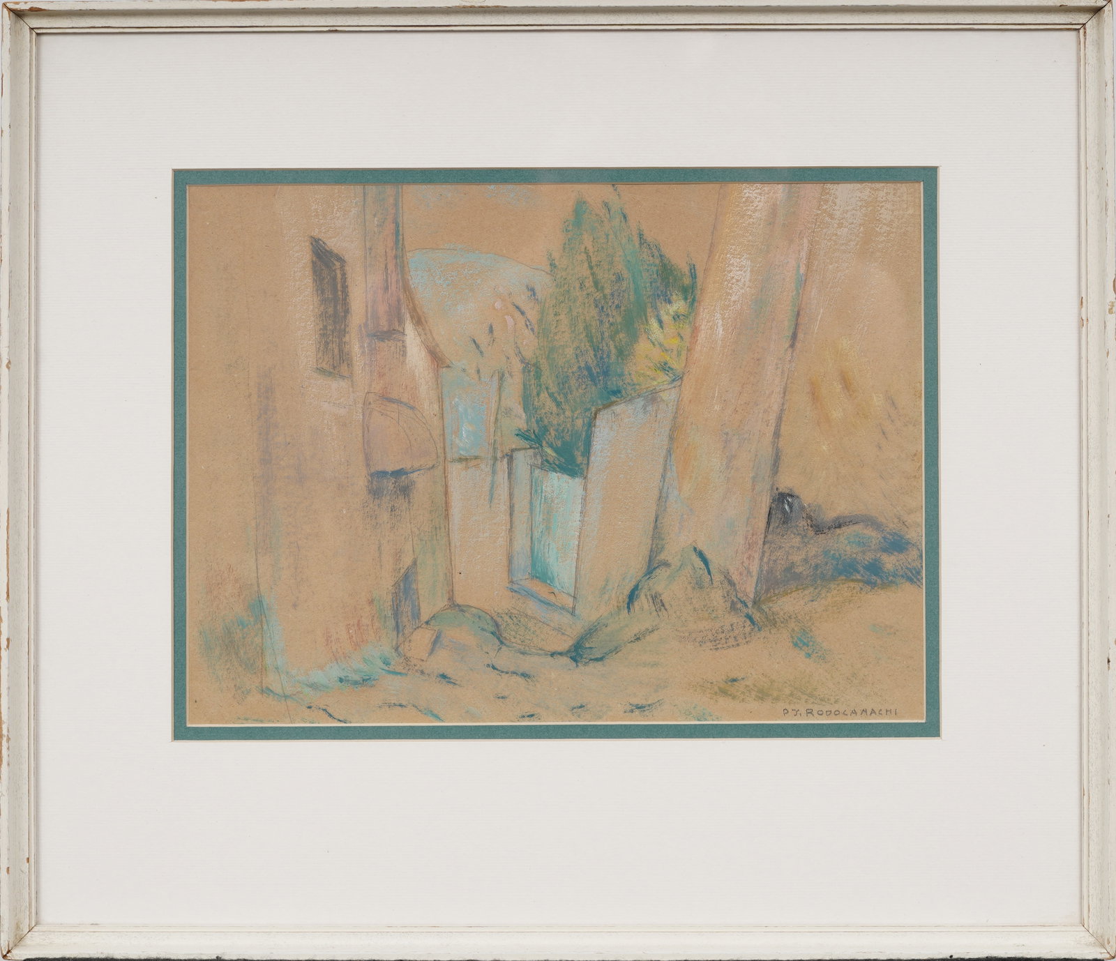 Paolo Rodocanachi ( 1891-1955) Antique Original Architectural Study Framed Mixed Media Painting: Signed, framed vintage Italian mixed media painting on paper. Measuring: 16 by 18 inches overall, and 9.5 by 12.5 painting alone. Please see all images for condition. Size is measured and written on t