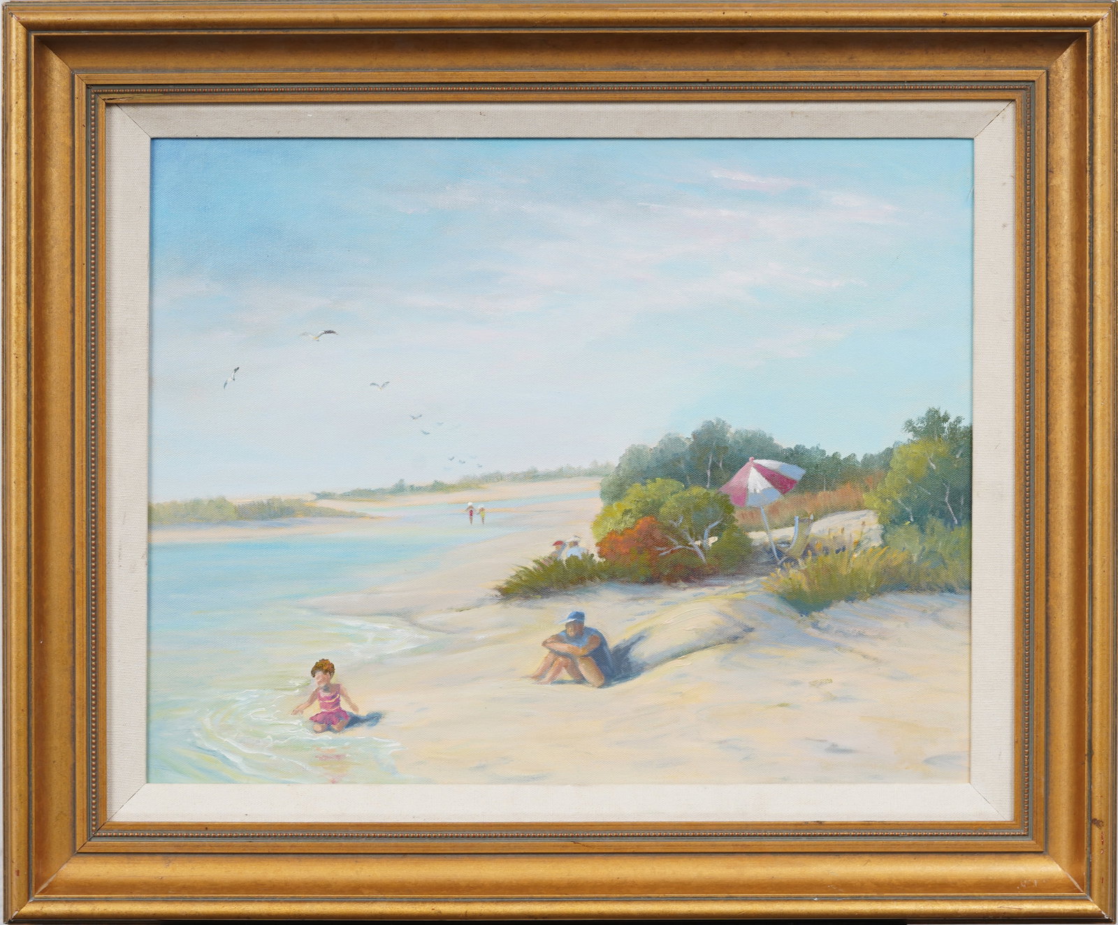Vintage American Impressionist Beach Seascape Original Framed Oil Painting: Framed vintage American beach scene oil painting on canvas. Measuring: 22 by 26 inches overall, and 16 by 20 painting alone. Please see all images for condition. Size is measured and written on the ba