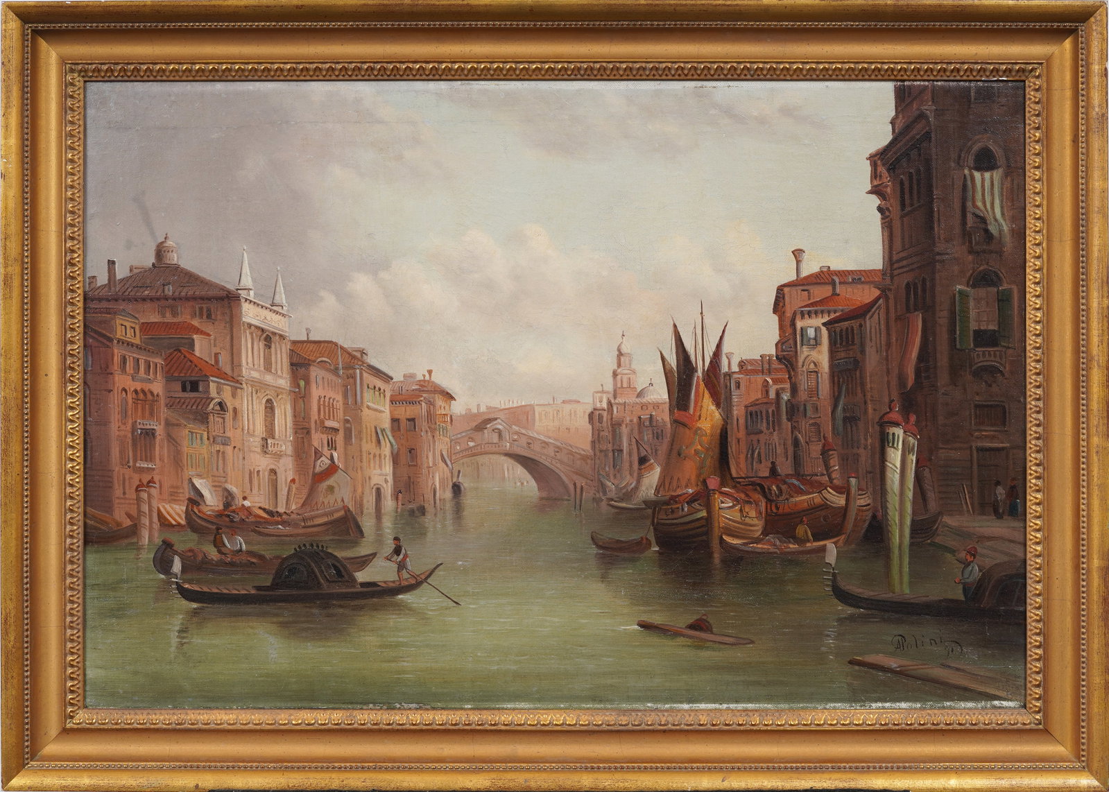 Antonio Polini (19th c.) Antique Italian Venetian Canal Landscape Original Oil Painting: Signed, framed antique American oil painting on canvas. Measuring: 20 by 28 inches overall, and 16 by 24 painting alone. Please see all images for condition. Size is measured and written on the back o