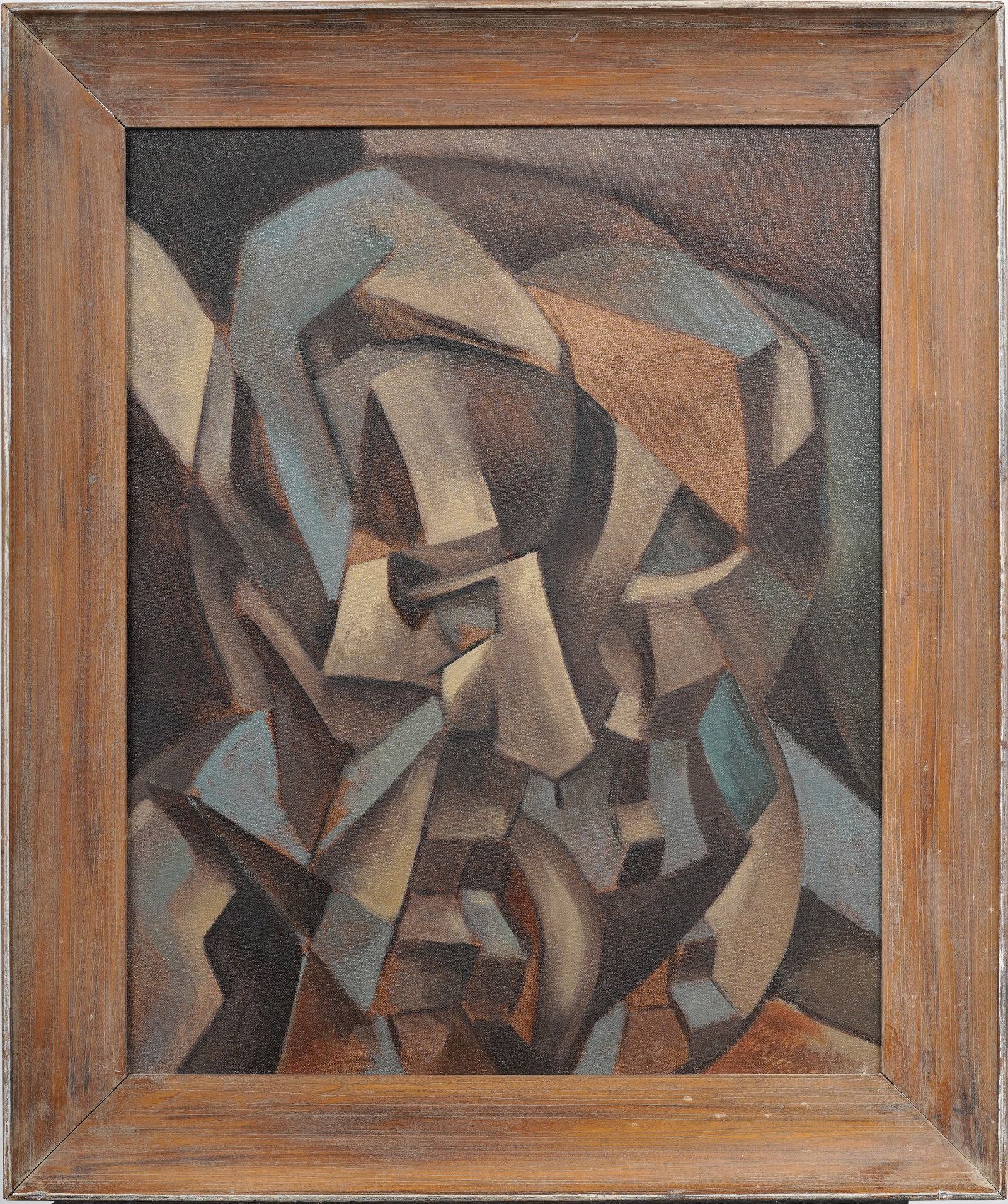 Signed Midcentury Modernist Abstract Cubist Framed Portrait Vintage American Original Oil Painting: Signed, framed vintage American oil painting on canvas. Measuring: 25 by 21 inches overall, and 20 by 16 painting alone. Please see all images for condition. Size is measured and written on the back o