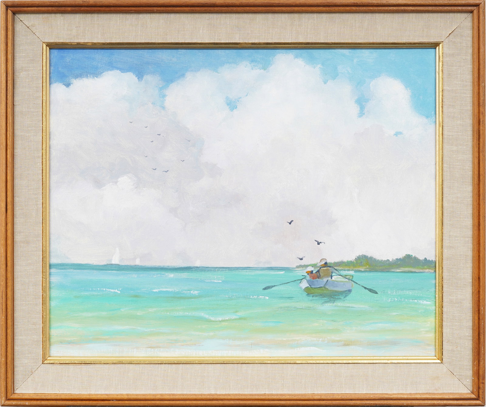 Vintage American Rowboat Lake Landscape Original Oil Painting: Framed vintage American oil painting on canvas. Measuring: 21 by 25 inches overall, and 15.5 by 19.5 painting alone. Please see all images for condition. Size is measured and written on the back of th