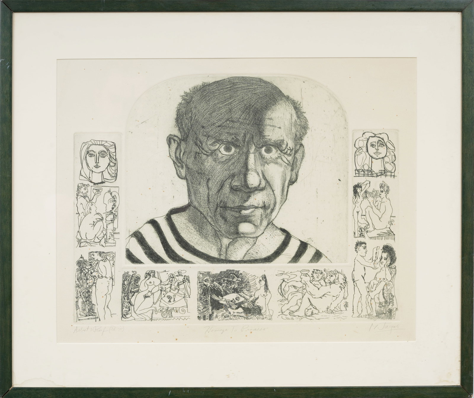 Michael Jacques (b. 1945) "Homage to Picasso" Vintage American Original Artist's Proof Etching: Signed, framed vintage American etching on paper. Measuring: 25 by 30 inches overall, and 17.75 by 23.75 painting alone. Please see all images for condition. Size is measured and written on the back o
