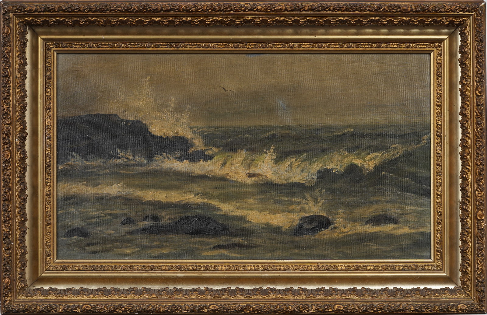 Antique American Crashing Waves Seascape Original Oil Painting: Framed antique American oil painting on canvas. Measuring: 18 by 28 inches overall, and 12 by 22 painting alone. Please see all images for condition. Size is measured and written on the back of the pa