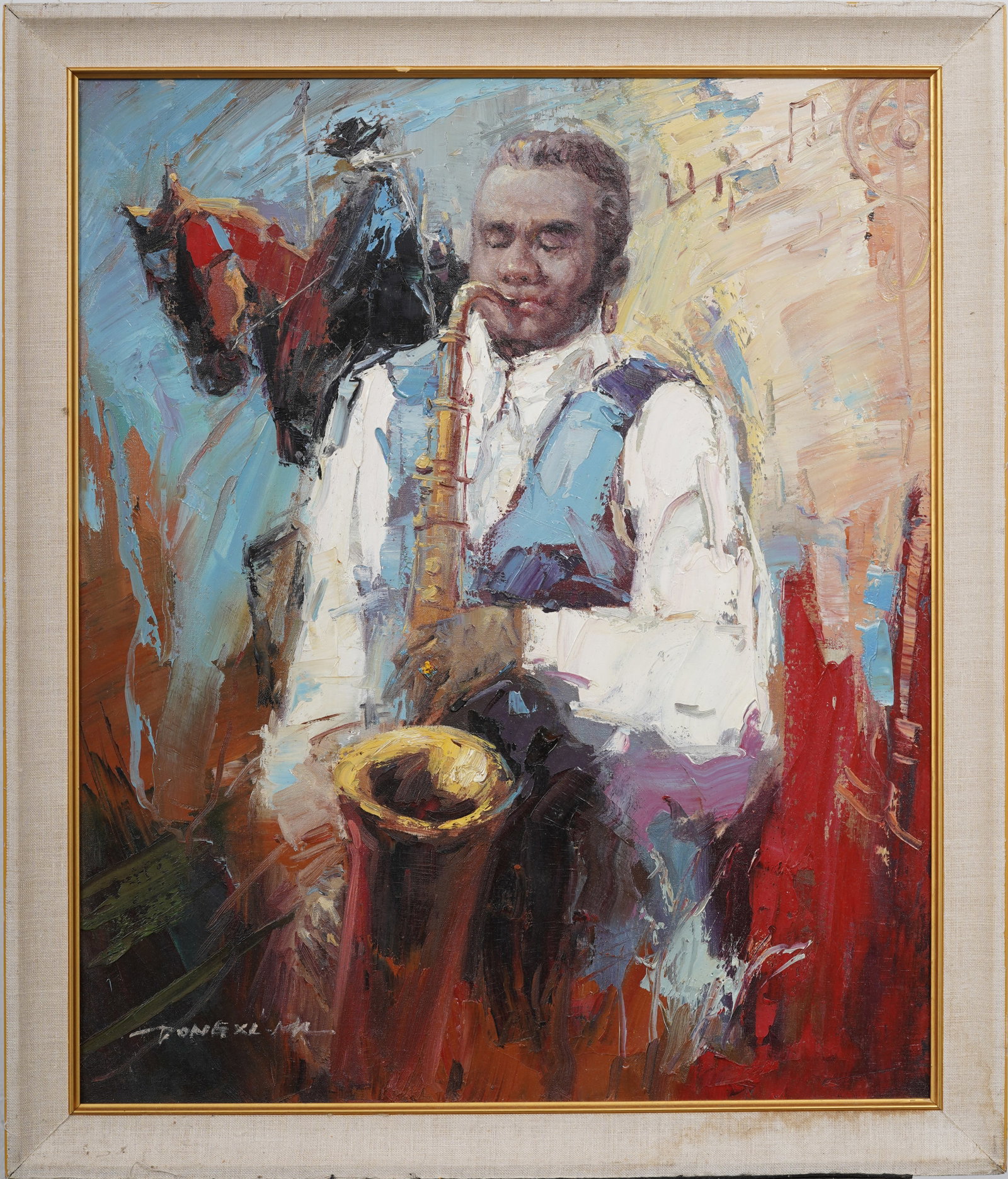 Signed Vintage American Saxophone Player Musician Original Oil Painting: Signed, framed vintage American oil painting on canvas. Measuring: 27 by 23 inches overall, and 24 by 20 painting alone. Please see all images for condition. Size is measured and written on the back o