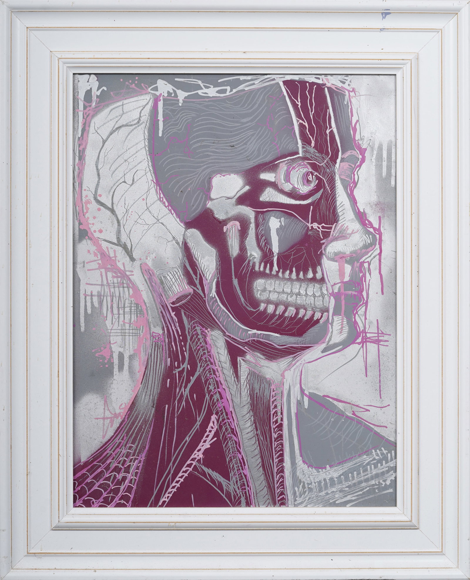 Contemporary Modernist American Graffiti X-Ray Skull Portrait Original Mixed Media: Framed contemporary American acrylic and spray paint onboard. Measuring: 32 by 26 inches overall, and 24 by 18 painting alone. Please see all images for condition. Size is measured and written on the 