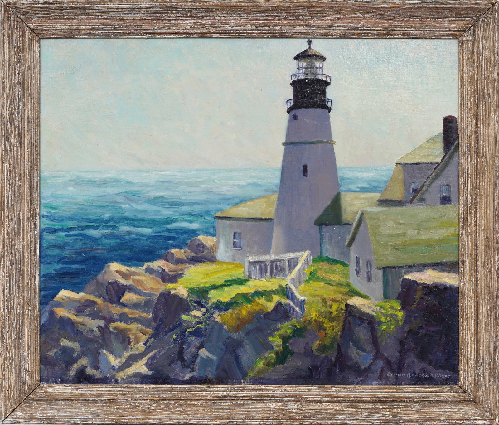 Vintage American Original Coastal Cliff Lighthouse Oil Painting Signed "Louella Bancroft Wight": Signed, framed vintage American oil painting on board. Measuring: 24 by 28 inches overall, and 20.25 by 24.25 painting alone. Please see all images for condition. Size is measured and written on the b