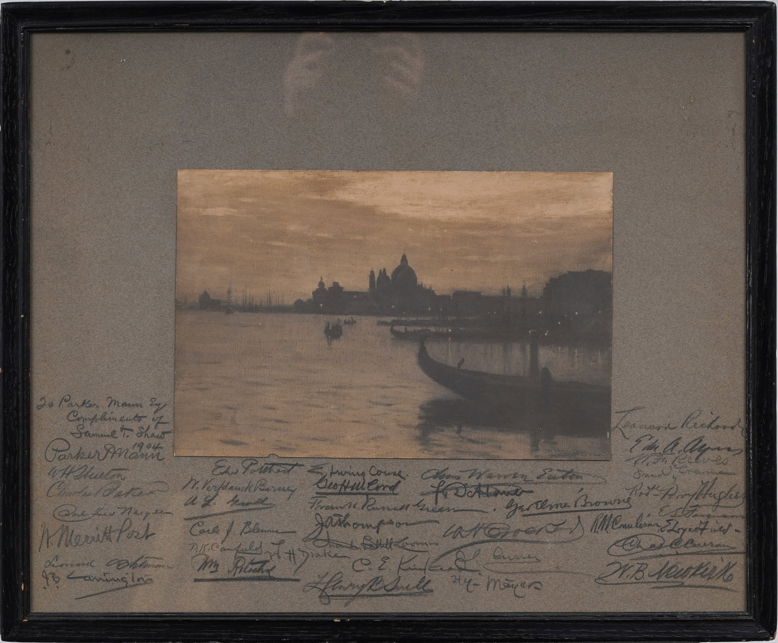 Charles Warren Eaton (1857–1937) Antique Tonalist Harbor Landscape with Myriad Period Signatures: Signed, framed antique American oil painting on paper. Measuring: 20 by 24 inches overall, and 8.75 by 13 painting alone. Please see all images for condition. Size is measured and written on the back 