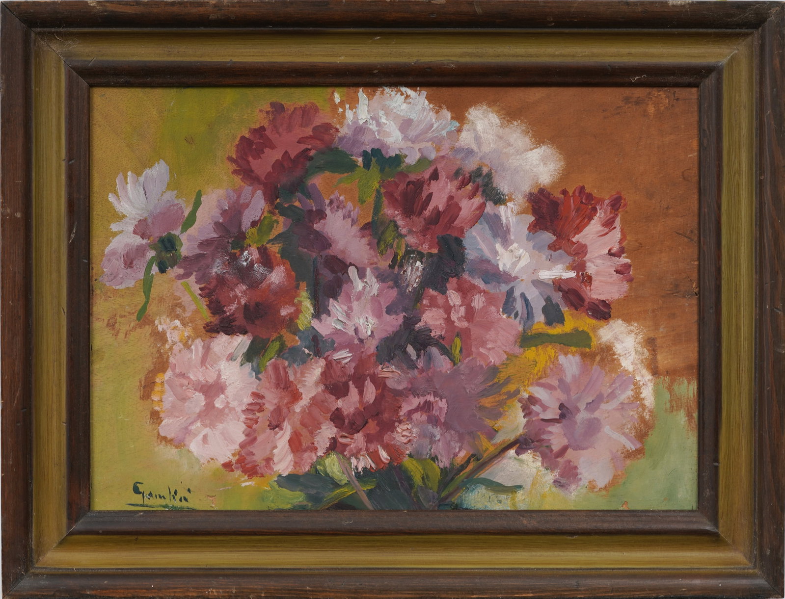 Signed Vintage American Peony Bouquet Original Oil Painting: Signed, framed vintage American oil painting on board. Measuring: 14 by 19 inches overall, and 10.25 by 14.25 painting alone. Please see all images for condition. Size is measured and written on the