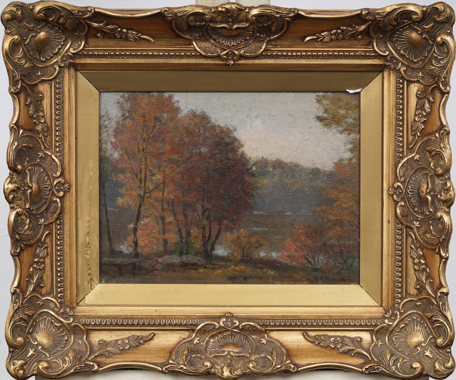 Nicholas Richard Brewer (1857-1949) Antique American "Autumn Morning" Forest Landscape Oil Painting: Signed, framed vintage American oil painting on board. Measuring: 16 by 19 inches overall, and 9 by 12 painting alone. Please see all images for condition. Size is measured and written on the back of 