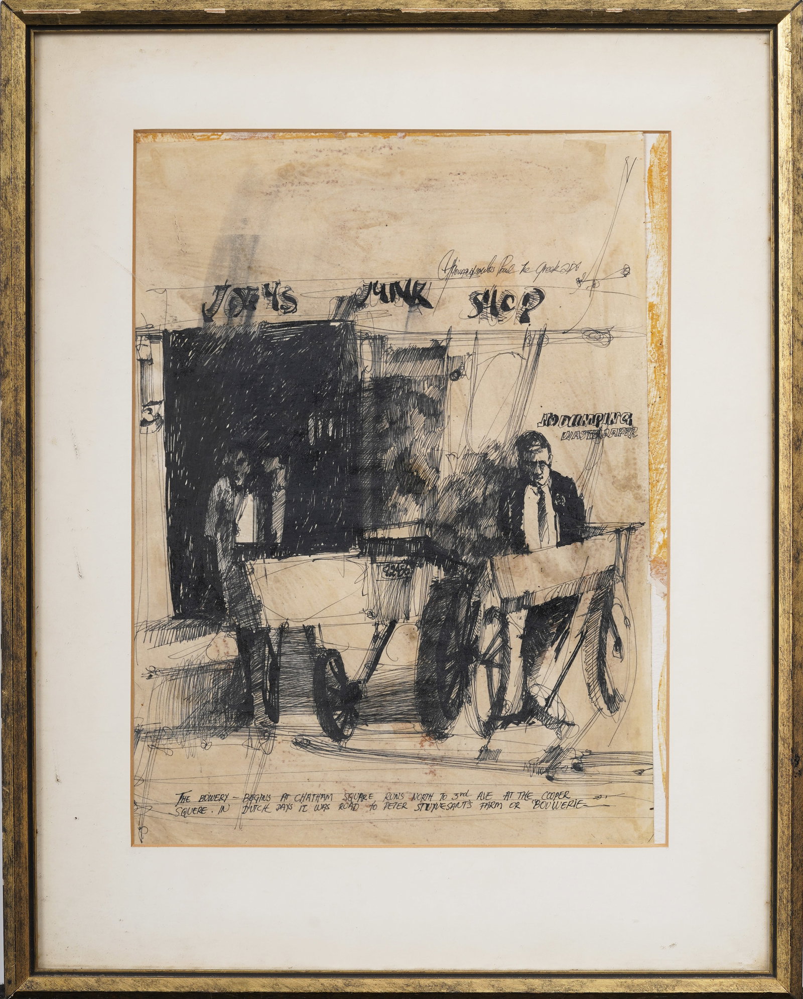 Paul Giovanopolous (b. 1939) Contemporary American Ink Drawing "The Bowery Begins at Chatham": THE BOWERY BEGINS AT CHATHAM SQUARE, RUNS NORTH TO 3rd AVE AT THE COOPER SQUeRE. IN DUTCH DAYS IT WAS ROAD TO PETER STUYVESANT'S FARM OR BOUWERIE. Framed vintage American ink drawing on paper.