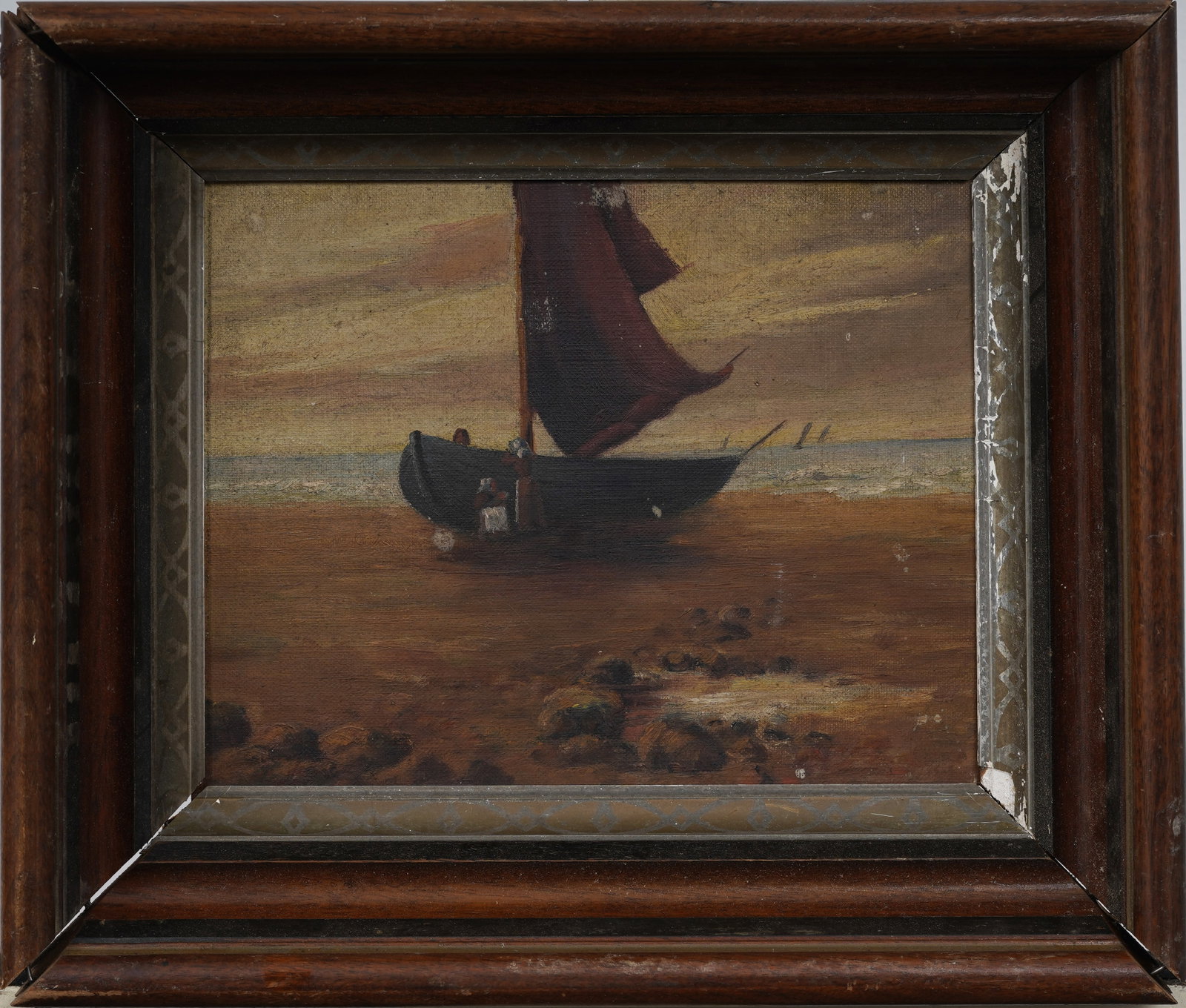 Antique American Sailboat Beach Landscape Original Oil Painting: Framed antique American oil painting on canvas. Measuring: 12 by 14 inches overall, and 8 by 10 painting alone. Please see all images for condition. Size is measured and written on the back of the
