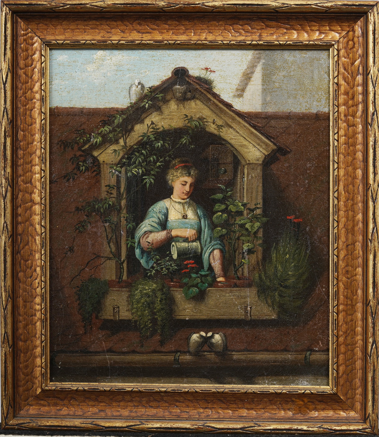 Beautifully Framed Antique American Juliet Balcony Flower Box Original Oil Painting: Framed antique American oil painting on canvas. Measuring: 14 by 12 inches overall, and 11.5 by 9.5 painting alone. Please see all images for condition. Size is measured and written on the back of