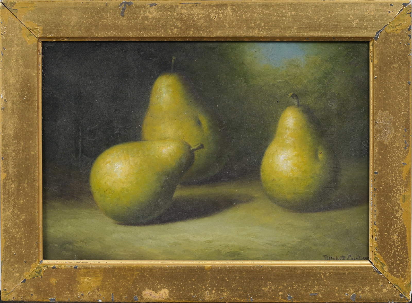 Signed Antique American Realist Fruit Pears Portrait Original Oil Painting: Signed, framed vintage American oil painting. Measuring: 9 by 12 inches overall, and 7 by 10 painting alone. Please see all images for condition. Size is measured and written on the back of the