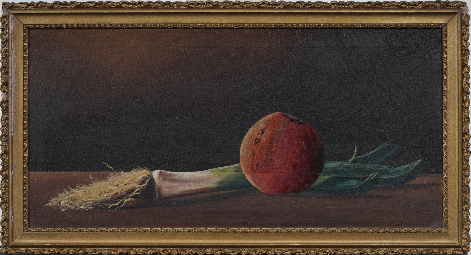 Antique European Peach and a Leek Still Life Original Oil Painting: Framed antique European oil painting on canvas. Measuring: 10 by 17 inches overall, and 7.75 by 15.75 painting alone. Please see all images for condition. Size is measured and written on the back of t