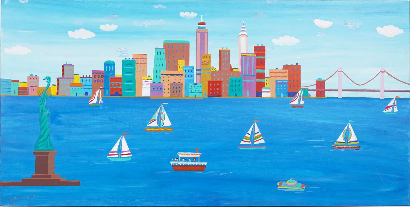 Alexander Khomsky Cheery Contemporary New York City Harbor Original Acrylic Painting: Signed contemporary acrylic painting on board. Measuring: 30 by 60 inches overall. Please see all images for condition. Size is measured and written on the back of the painting or next to each object.