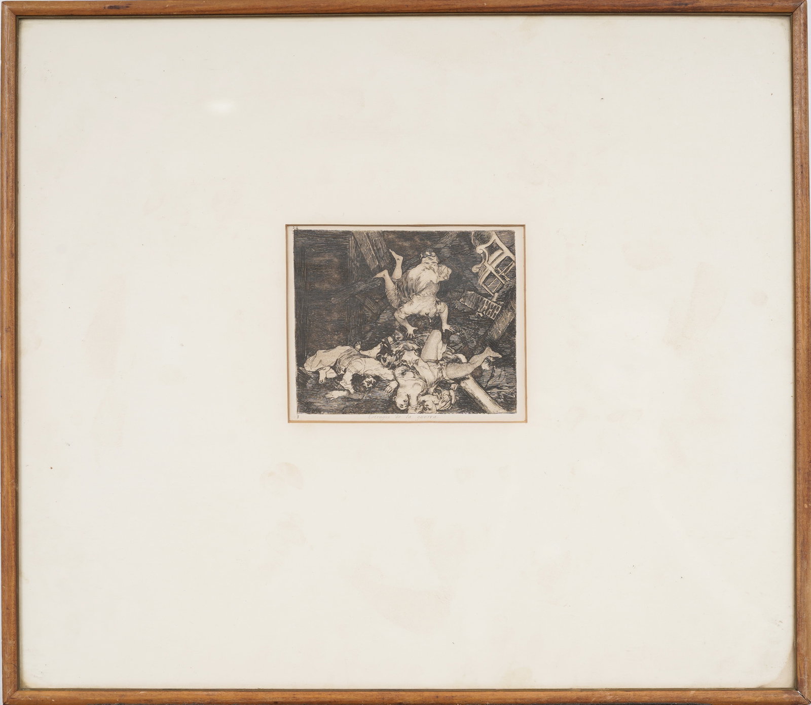 Francisco Goya Master Etching "Estragos de la guerra" from the Series "The Disasters of War": Framed antique Spanish etching on paper. Measuring: 20 by 23 inches overall, and 6 by 7 painting alone. Please see all images for condition. Size is measured and written on the back of the painting or