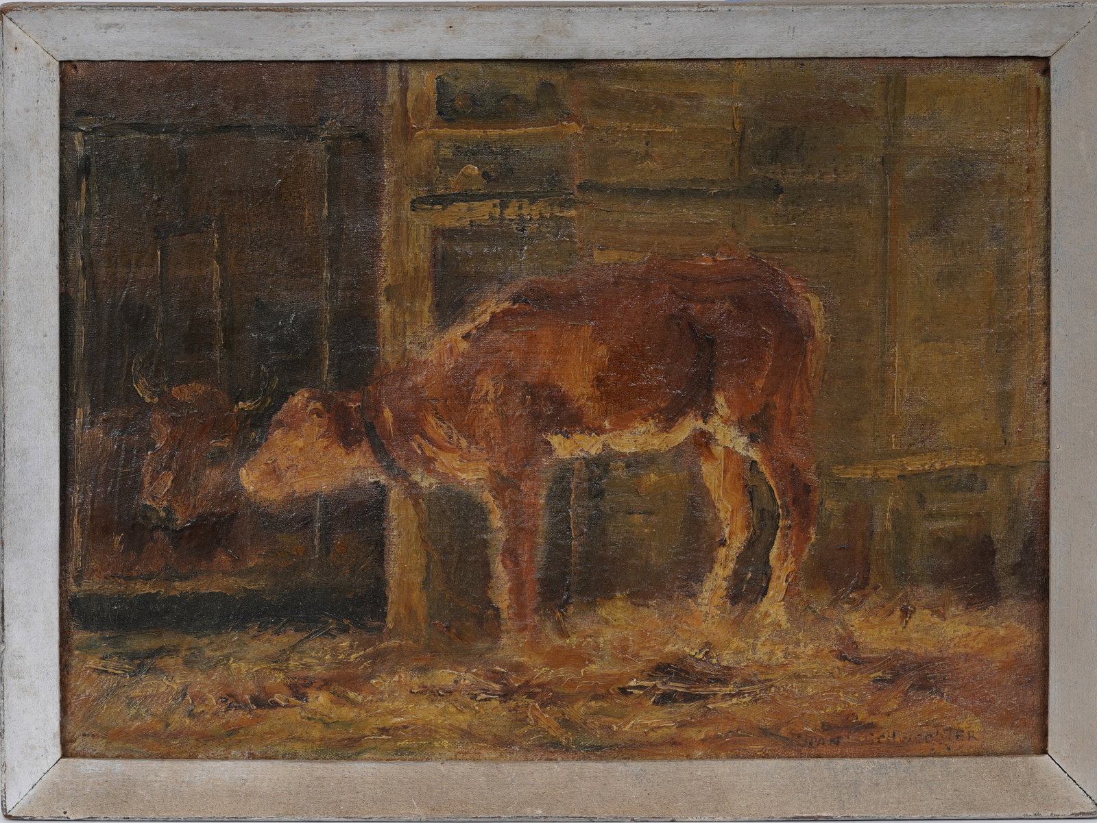 Illegibly Signed Vintage American Calf Portrait Original Oil Painting: Illegibly signed vintage American oil painting on board. Measuring: 10 by 13 inches overall, and 9 by 12 painting alone. Please see all images for condition. Size is measured and written on the back o
