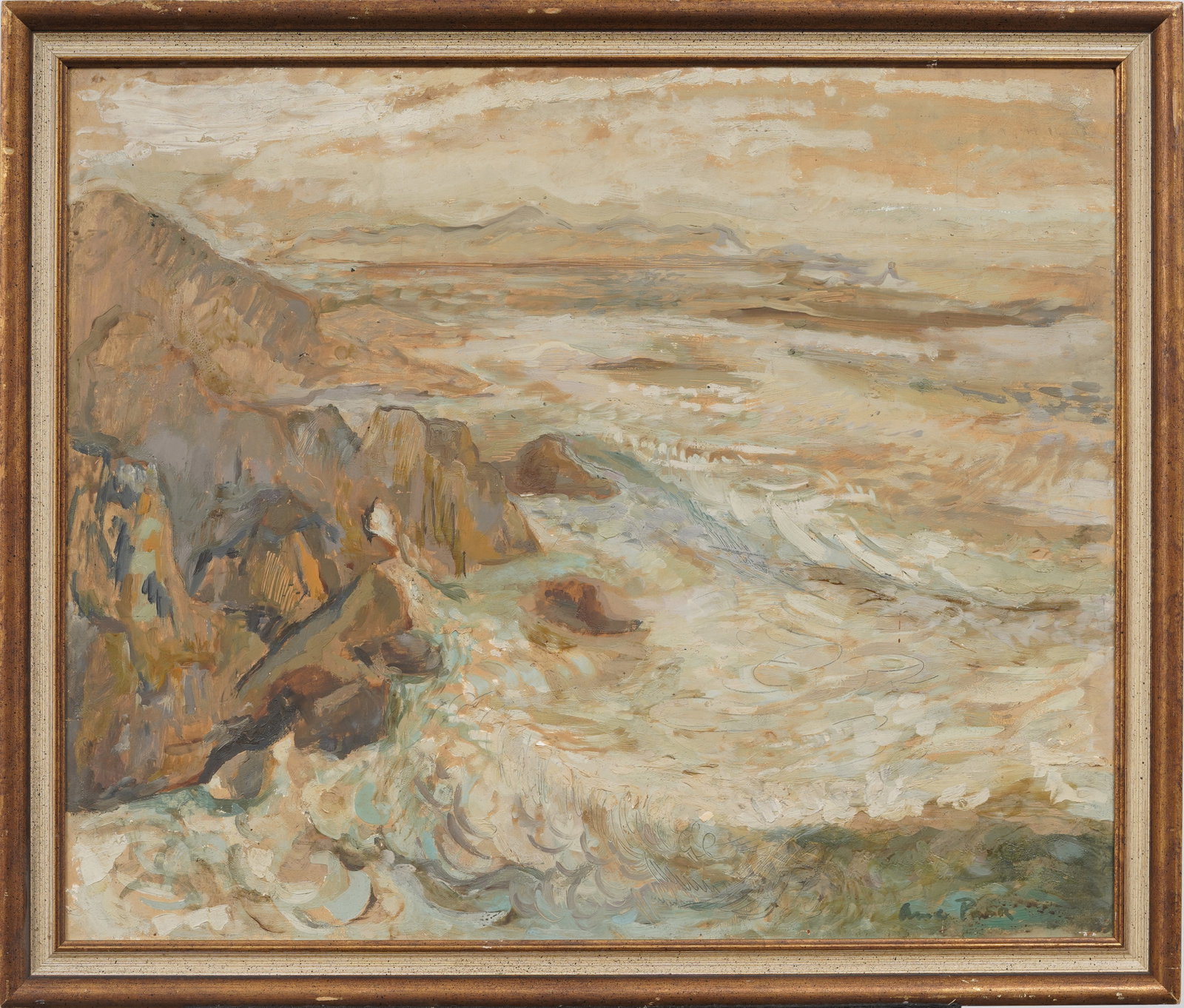Signed Impressionist Rocky Coast Original Oil Painting: Signed, framed vintage American oil painting on board. Measuring: 23 by 27 inches overall, and 20 by 24 painting alone. Please see all images for condition. Size is measured and written on the back of