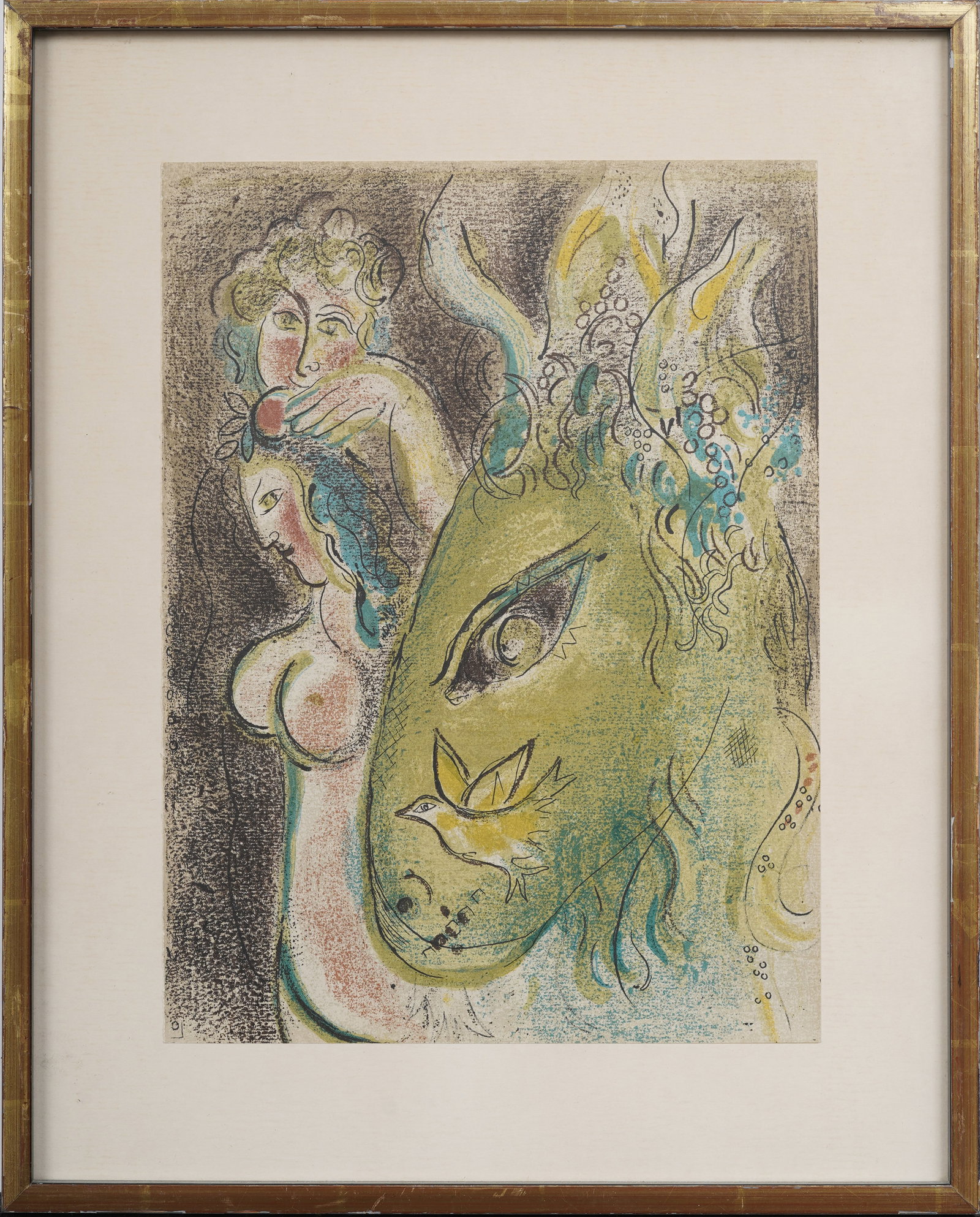 Marc Chagall (1887-1985) "Paradis II" 1960 Color Lithograph from The Bible Series: Framed vintage color lithograph on paper. Measuring: 20 by 16 inches overall, and 16.75 by 10.25 painting alone. Please see all images for condition. Size is measured and written on the back of the pa
