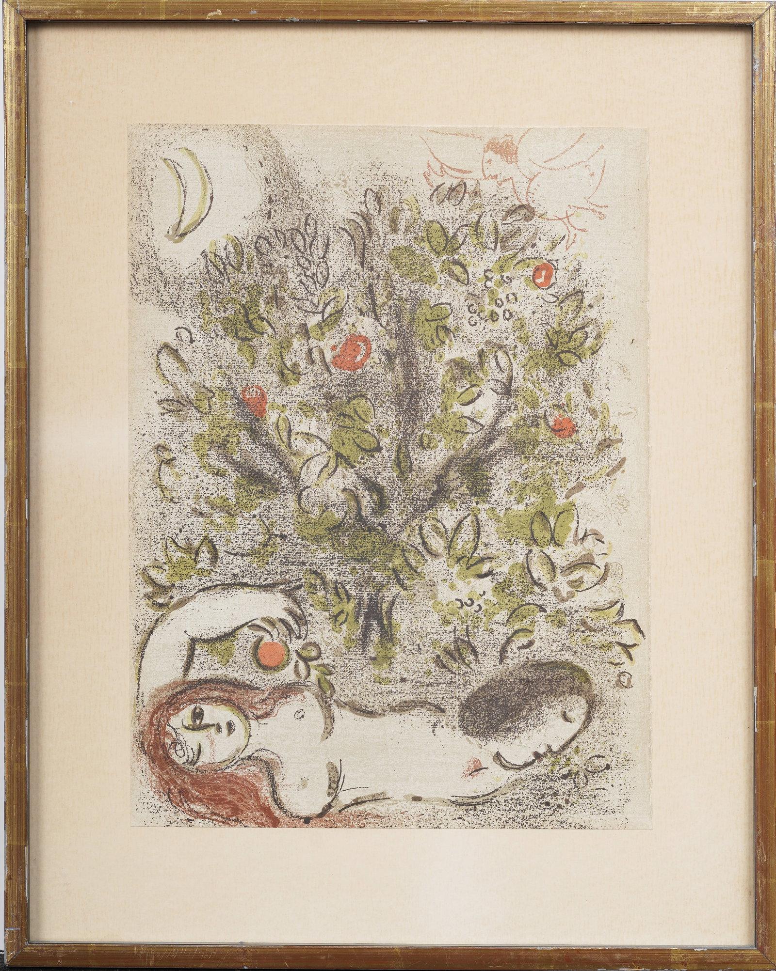 Marc Chagall (1887-1985) "Paradis I" 1960 Color Lithograph from The Bible Series: Framed vintage color lithograph on paper. Measuring: 20 by 16 inches overall, and 16.75 by 10.25 painting alone. Please see all images for condition. Size is measured and written on the back of the pa