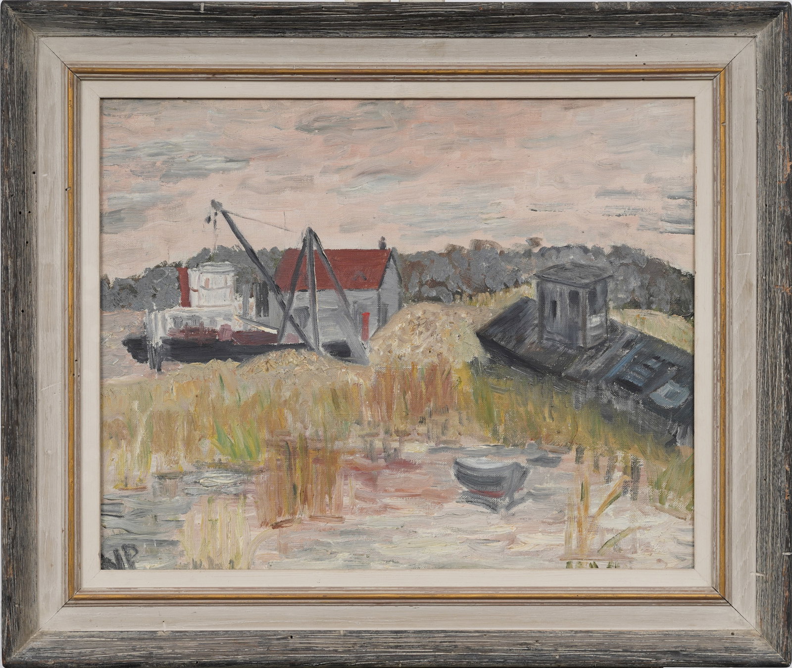 Monogrammed Midcentury American Junky Backwoods Marsh Original Oil Painting: Monogrammed, framed midcentury American oil painting on canvas. Measuring: 22 by 26 inches overall, and 16.25 by 20 painting alone. Please see all images for condition. Size is measured and written on