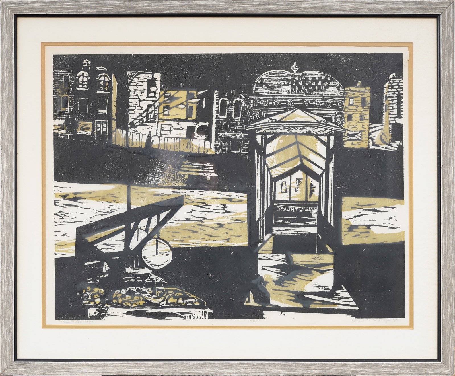 Ellen Nathan (b. 1937) Vintage American Original Woodblock Print "Train to Brooklyn": Signed, framed American woodblock print on paper. Measuring: 26 by 31 inches overall, and 19 by 25 painting alone. Please see all images for condition. Size is measured and written on the back of the 