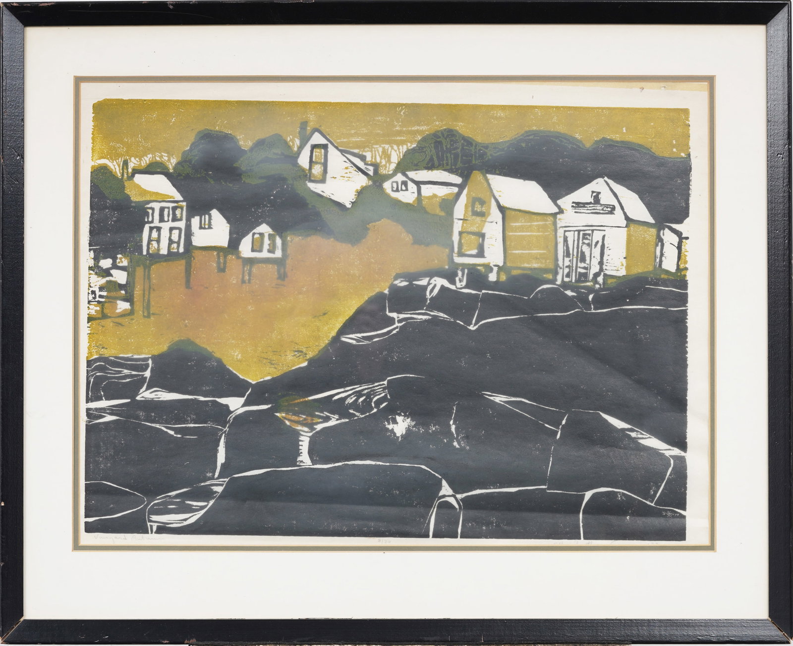 Ellen Nathan (b. 1937) Vintage American Original Woodblock Print "Vineyard Autumn": Signed, framed American woodblock print on paper. Measuring: 26 by 32 inches overall, and 19 by 25.75 painting alone. Please see all images for condition. Size is measured and written on the back of t