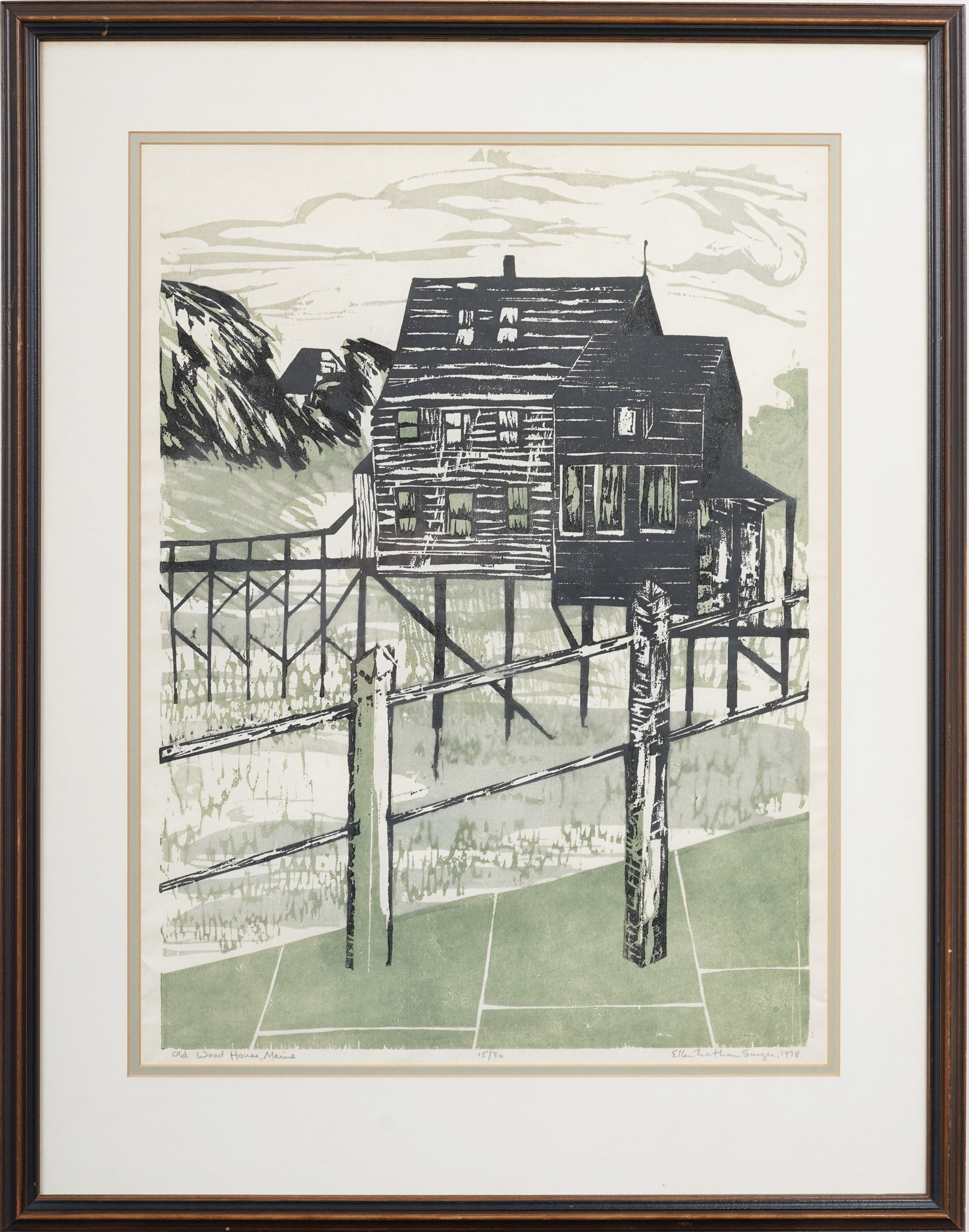 Ellen Nathan Singer (b. 1937) Vintage American Original Woodblock Print "Old Wood House, Maine": Signed, framed American woodblock print on paper. Measuring: 33 by 26 inches overall, and 24.5 by 18.25 painting alone. Please see all images for condition. Size is measured and written on the back of