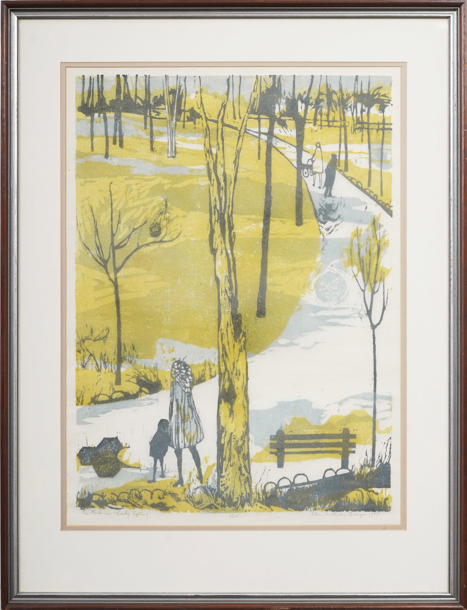 Ellen Nathan Singer (b. 1937) Vintage American Original Woodblock Print "The Park in Early Spring": Signed, framed American woodblock print on paper. Measuring: 34 by 26 inches overall, and 25.25 by 18.25 painting alone. Please see all images for condition. Size is measured and written on the back o