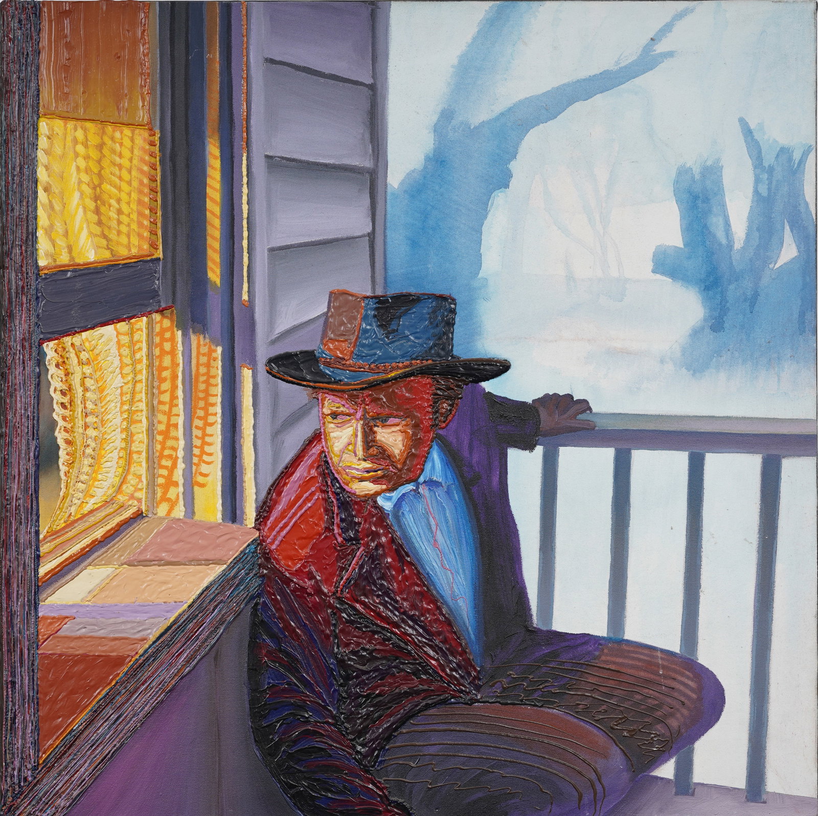 Dan Samborski Contemporary Modernist Surreal Voyeur Original Acrylic Paper: Signed verso contemporary American oil painting on canvas. Measuring: 36 by 36 inches overall Please see all images for condition. Size is measured and written on the back of the painting or next to