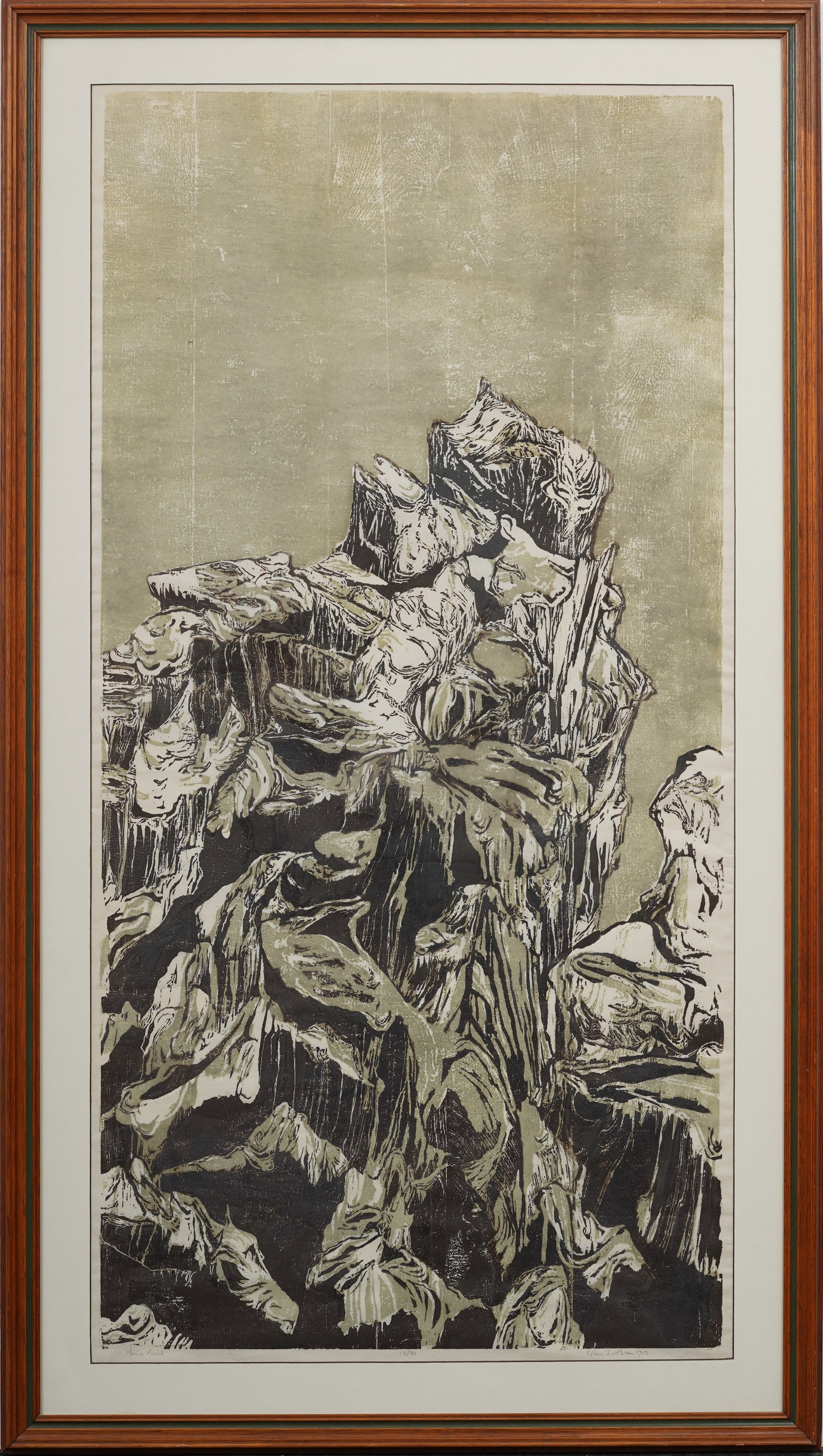 Ellen Nathan (b. 1937) LARGE Midcentury American Original Woodblock Print "Maine Rocks": Signed, framed midcentury American woodblock print on paper. Measuring: 55 by 31 inches overall, and 47.5 by 24 painting alone. Please see all images for condition. Size is measured and written on