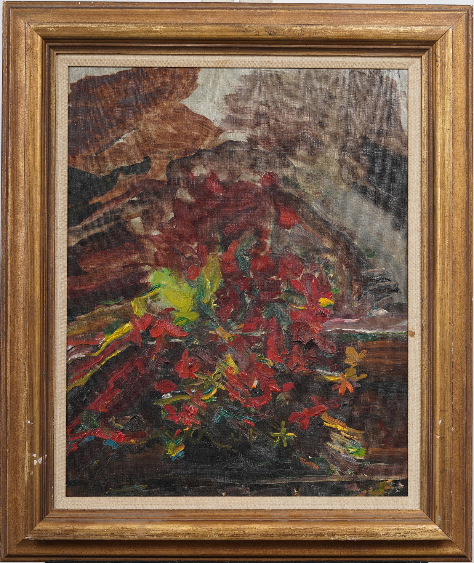 Vintage American Flower Patch Original Oil Painting Signed "Koch": Signed, framed vintage American oil painting on board. Measuring: 26 by 22 inches overall, and 20.25 by 16.25 painting alone. Please see all images for condition. Size is measured and written on the