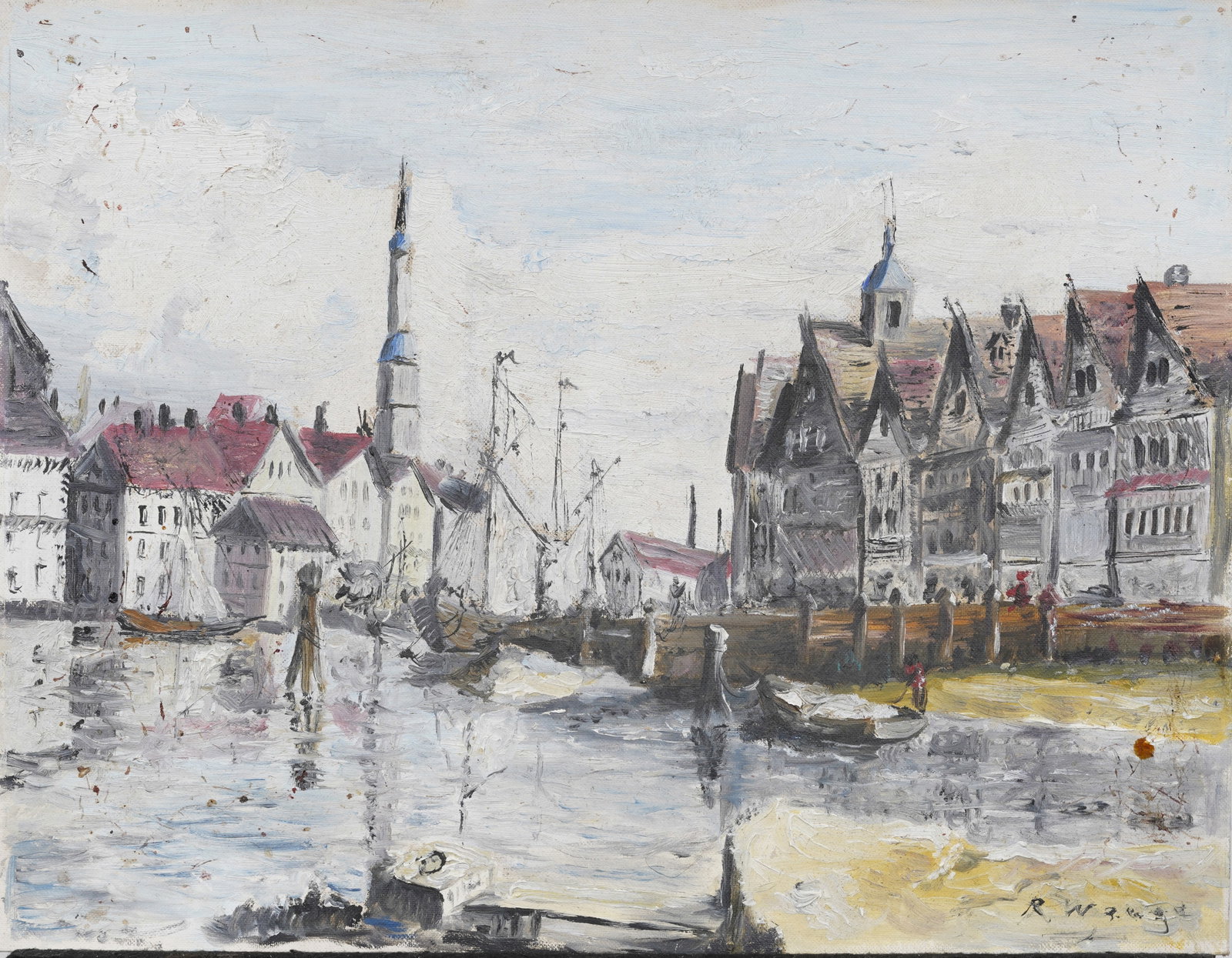 Signed Vintage European Canal Harbor Original Oil Painting: Signed vintage European oil painting on board. Measuring: 14 by 18 inches overall. Please see all images for condition. Size is measured and written on the back of the painting or next to each