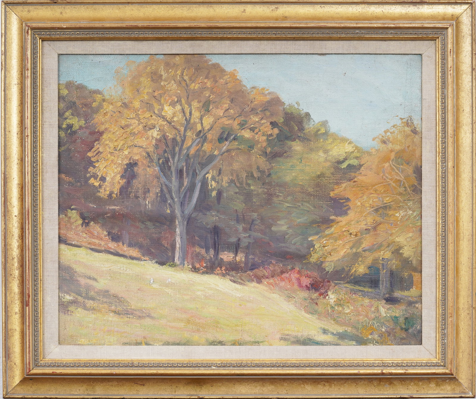 Vintage American Autumn Treeline Landscape Original Oil Painting: Framed vintage American oil painting on boqrd. Measuring: 26 by 22 inches overall, and 15.75 by 19.25 painting alone. Please see all images for condition. Size is measured and written on the back of
