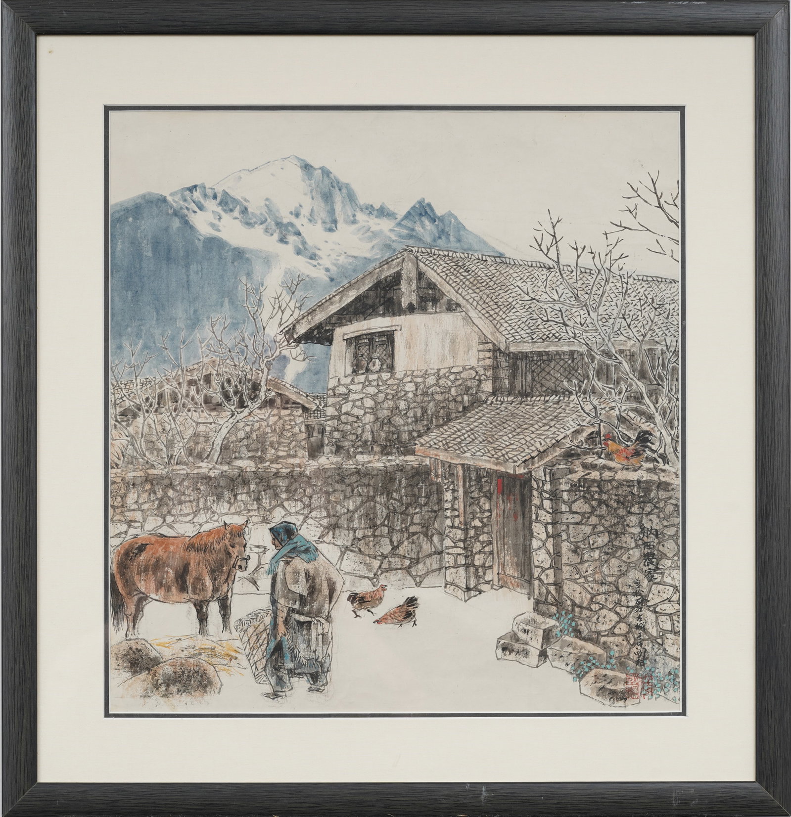 Yang Guoxiang (b. 1974) Contemporary Chinese Rural Village Original Watercolor: Framed contemporary Chinese watercolor on paper. Measuring: 21 by 20 inches overall, and 15.5 by 14.75 painting alone. Please see all images for condition. Size is measured and written on the back of 